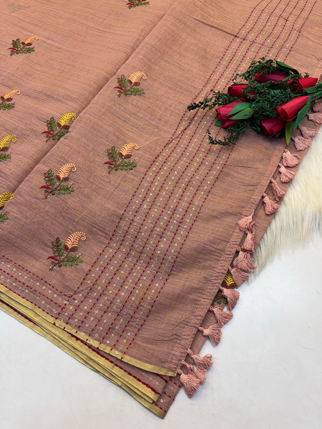 Lenin Embroidery saree Light Onion colour- KCLB004