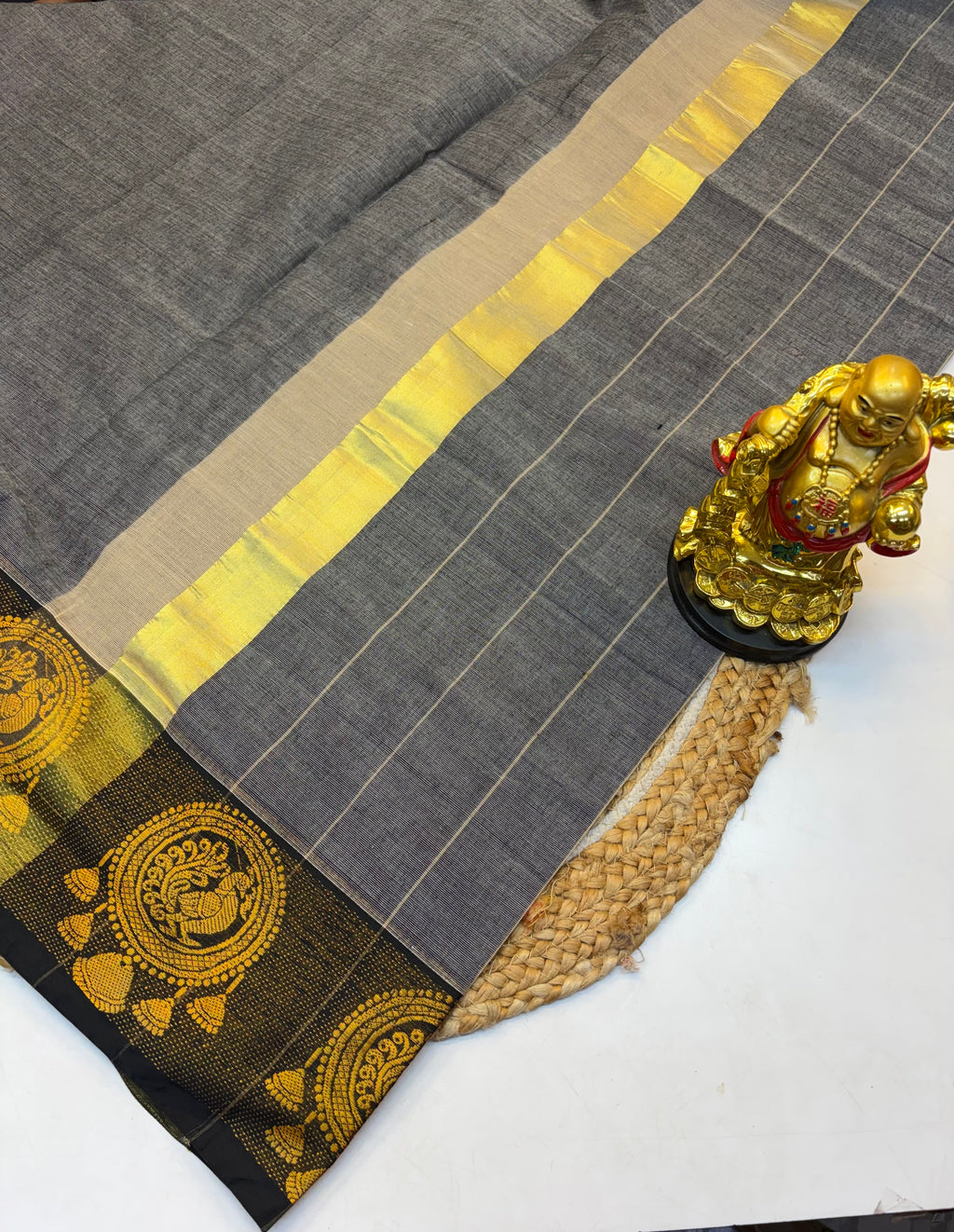 Kanchi cotton saree Grey Contrast Black Border  - KCKCS0021