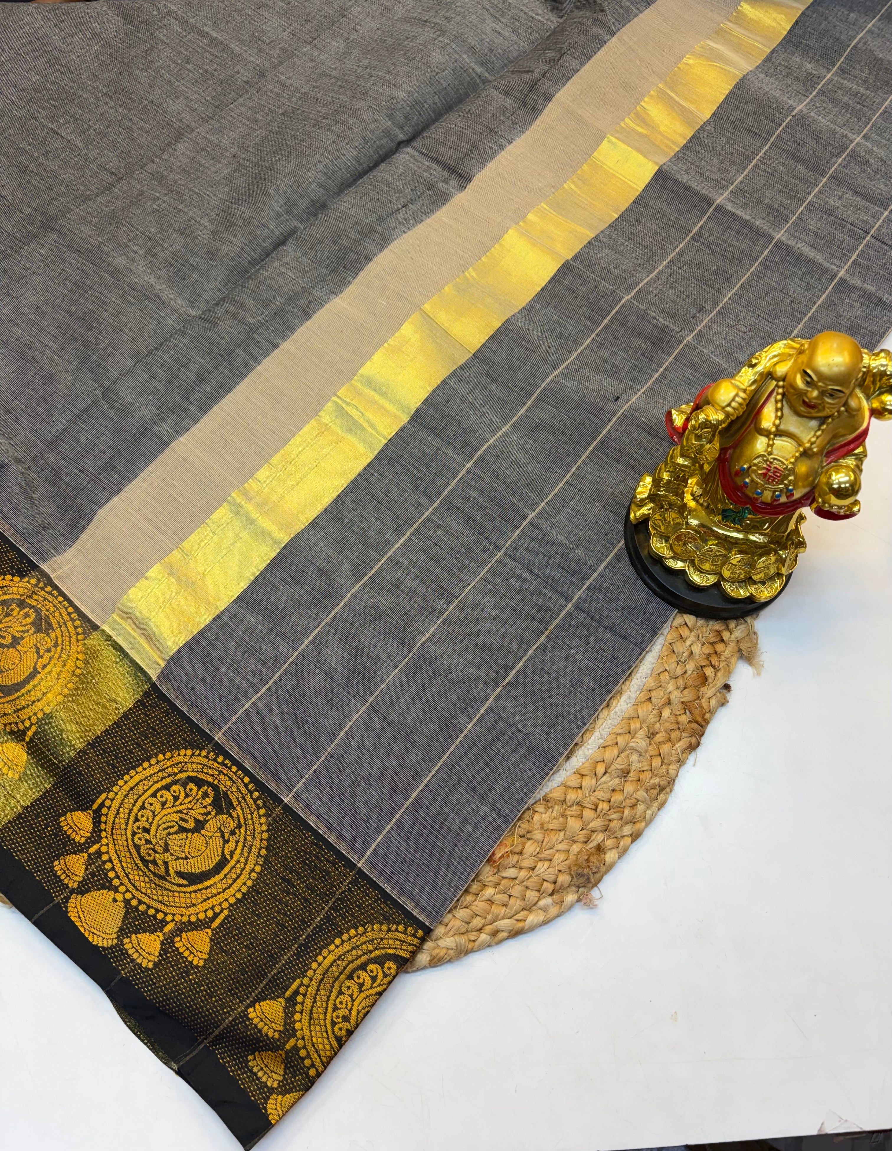 Kanchi cotton saree Grey Contrast Black Border  - KCKCS0021