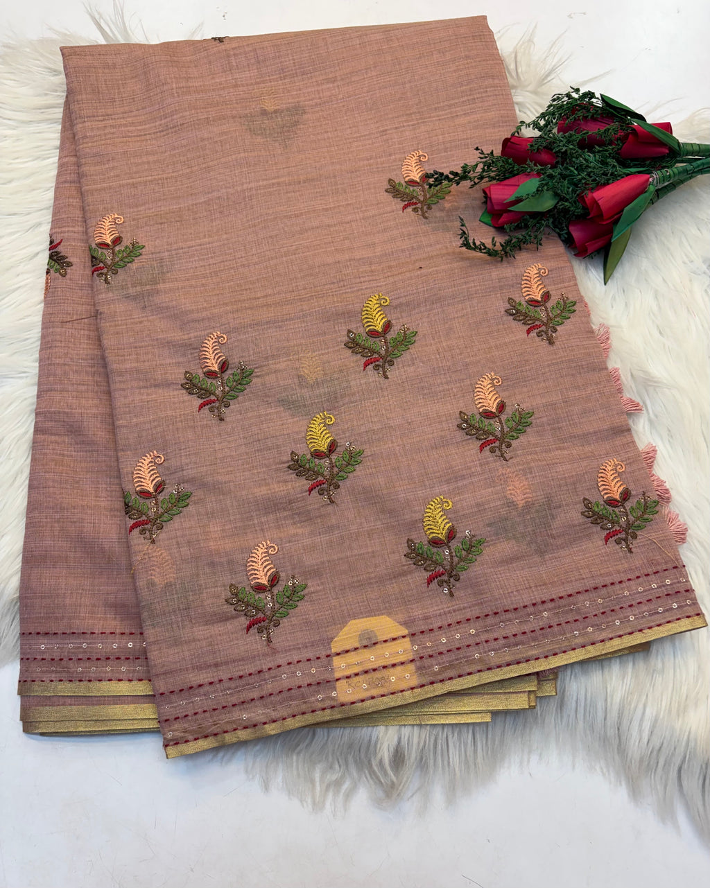 Lenin Embroidery saree Light Onion colour- KCLB004