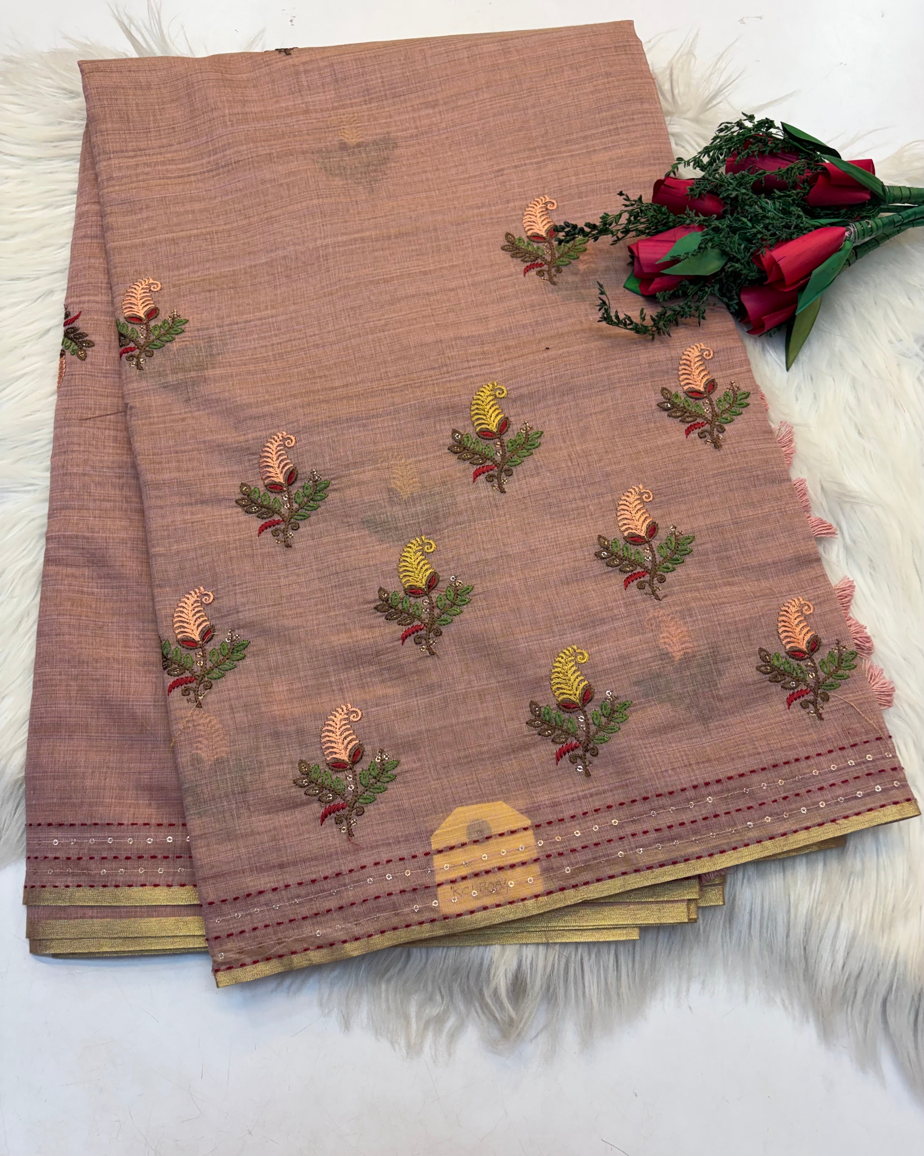 Lenin Embroidery saree Light Onion colour- KCLB004 (Copy)