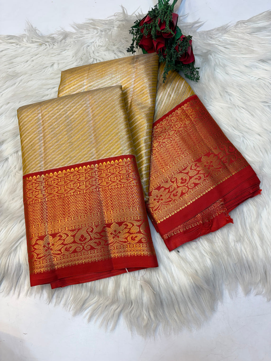 Parallel Lines Silk Saree Pastel Creamish Colour With Red Border- (KCSS0011)