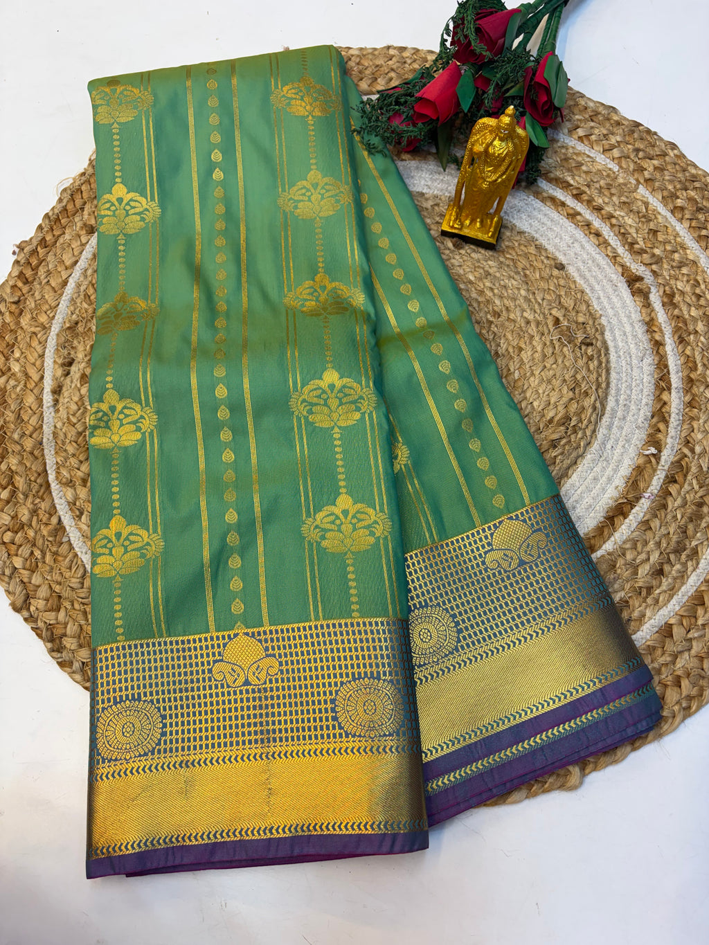 Silk Saree Pattu Pastel Green (Olive) With Purple Border  -(KCSS007)