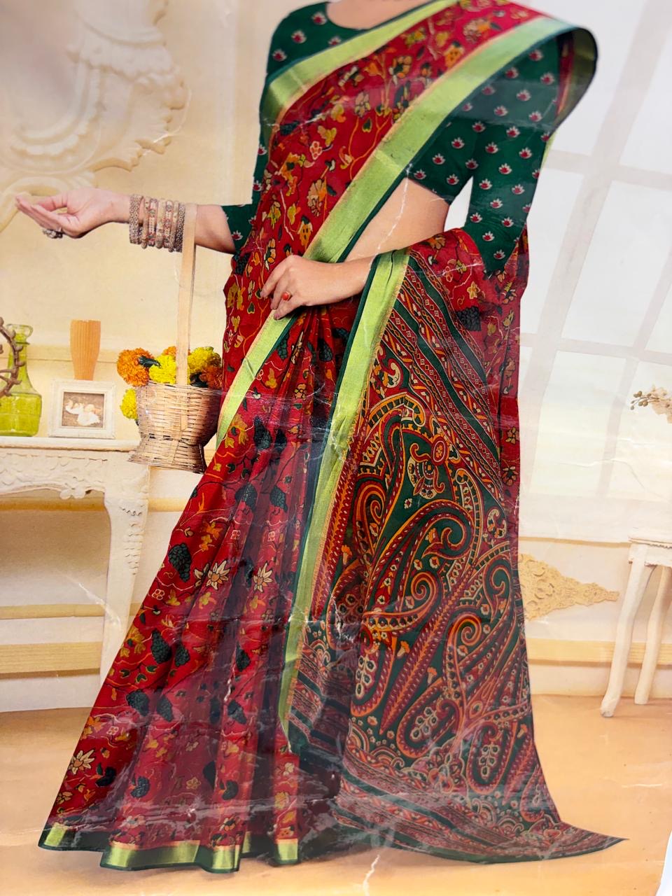 Karishma Cotton Saree with Blouse and Gorgeous look.(KCKC14)