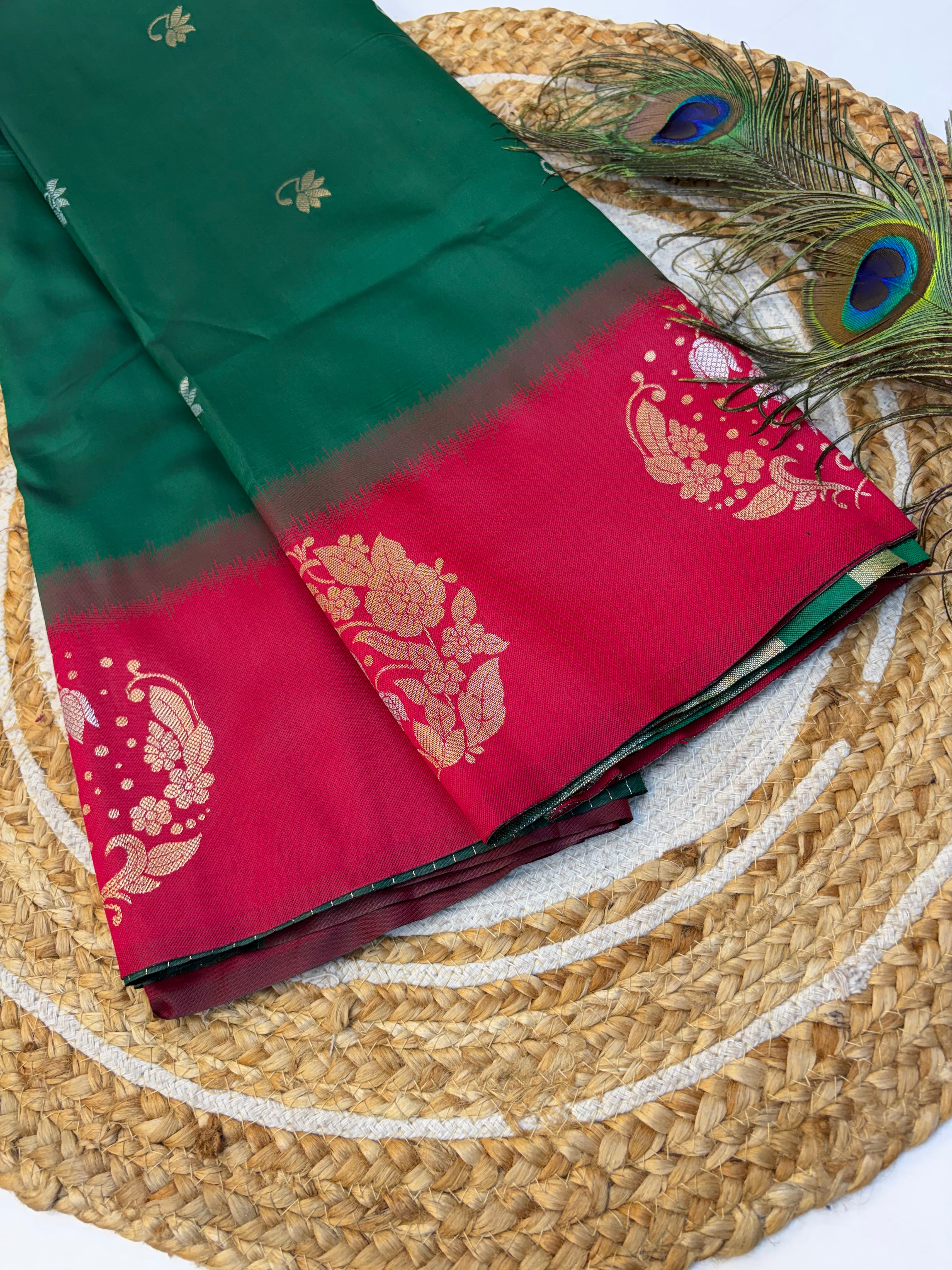 Soft Silk Saree Dark Green  Colour With Reddish Pink Border -(KCSSS12)