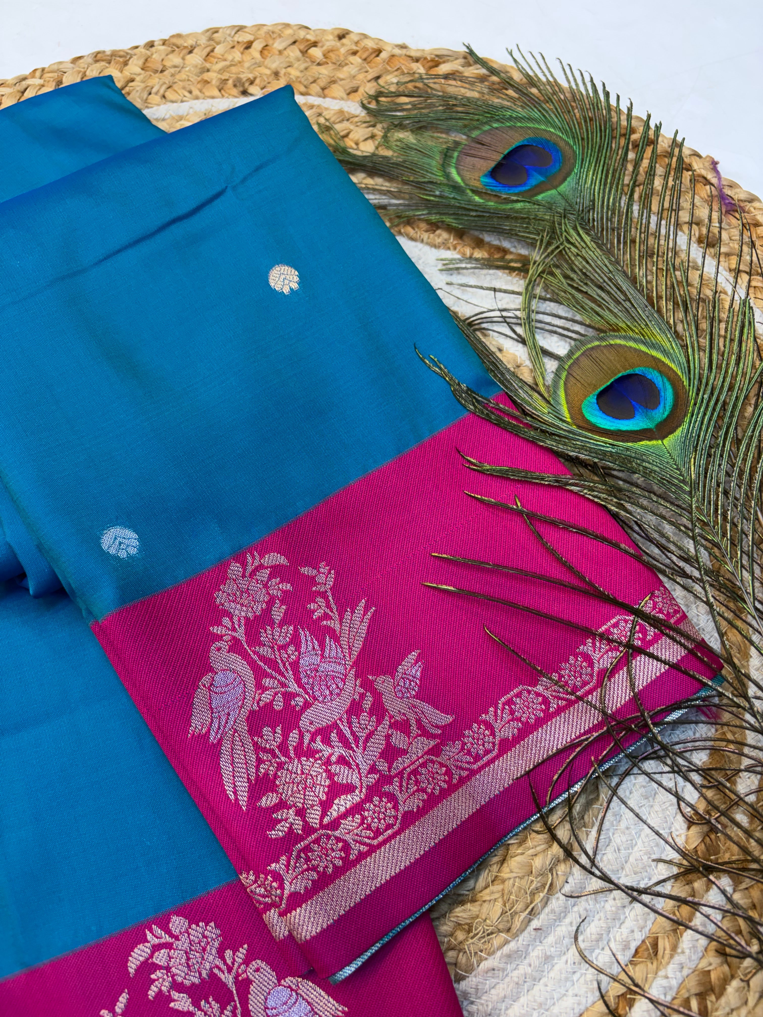 Soft Silk Saree Peacock Blue Colour With Rani pink Border -(KCSSS014)