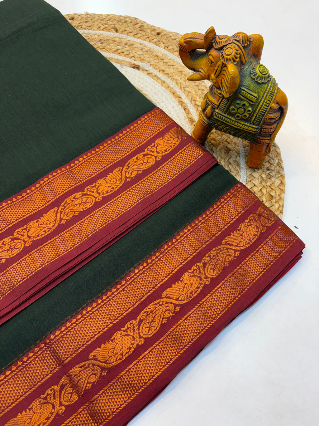 Kanchi cotton saree Bottle Green and Contrast Maroon Border - KCKCS001