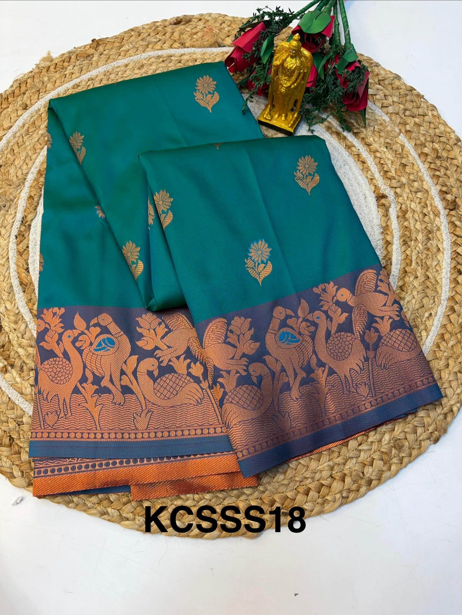Soft Silk Saree Pastel Peacock Greenish Colour With Blue Border -(KCSSS18)