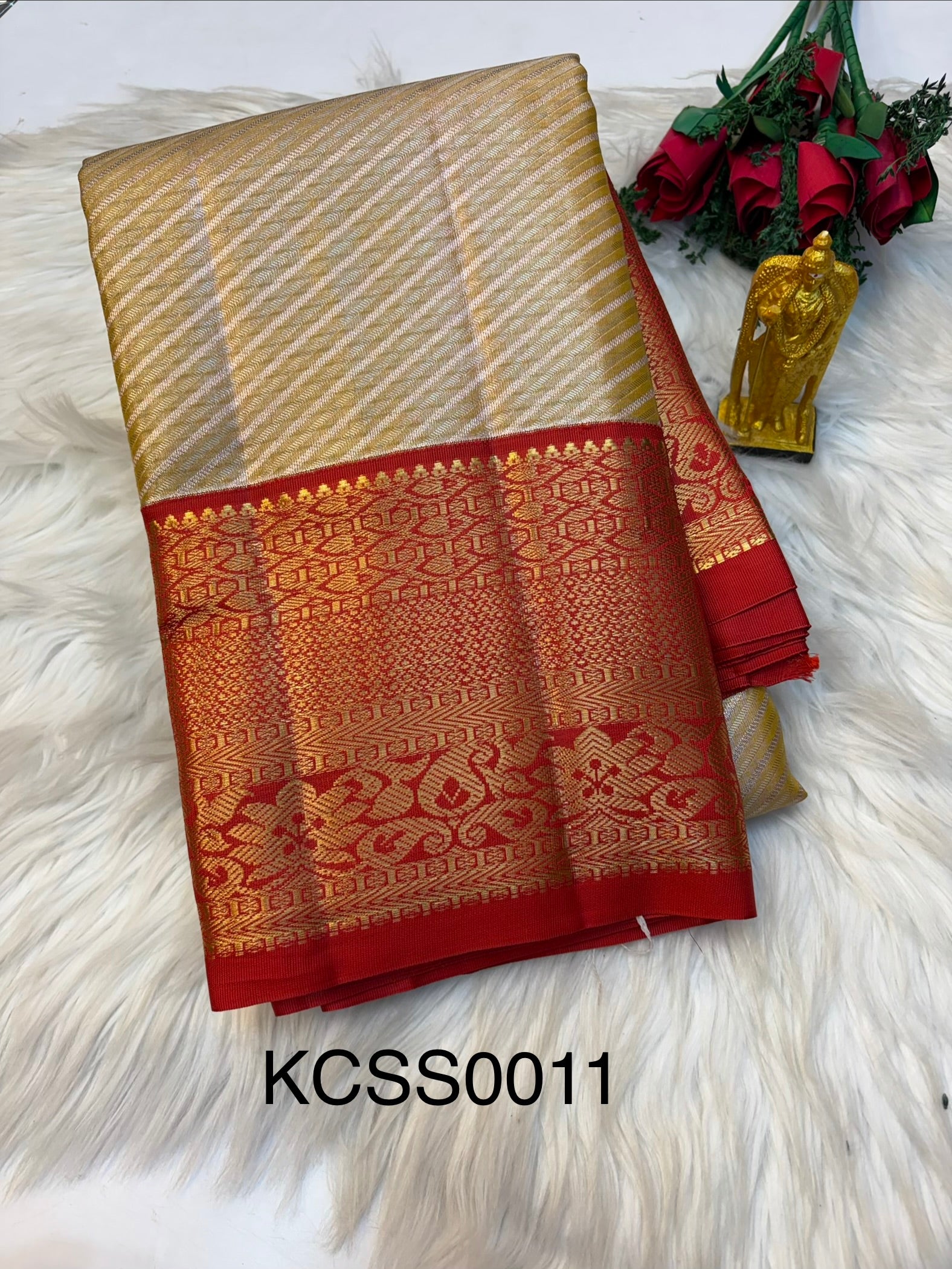 Parallel Lines Silk Saree Pastel Creamish Colour With Red Border- (KCSS0011)