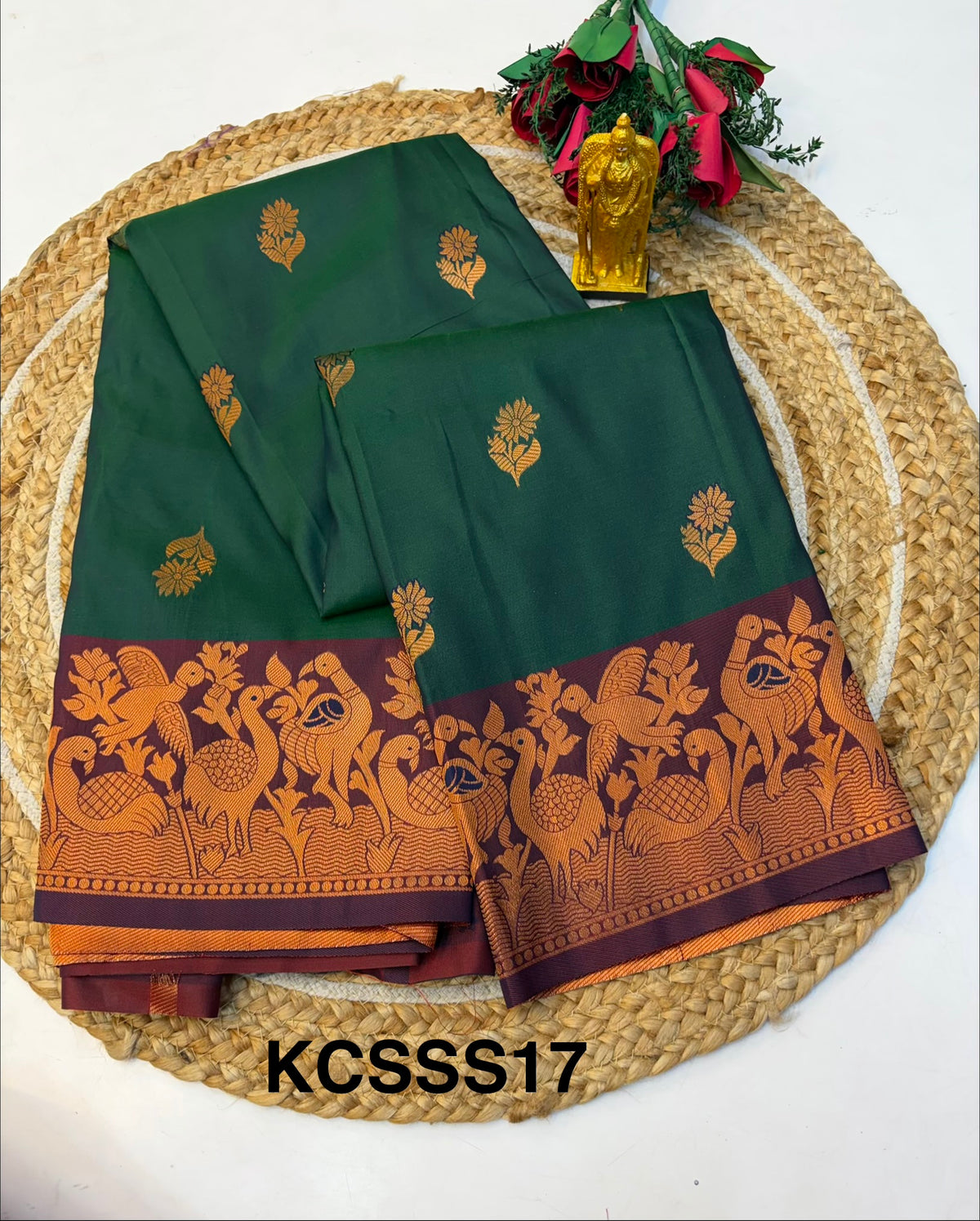 Soft Silk Saree Dark Green Colour With Brown Border - (KCSSS17)
