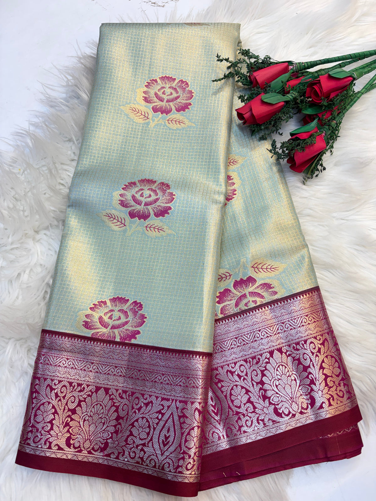 Checked Silk Saree Sky Blue with Rani pink contrast Border -KCSS001 (Copy)