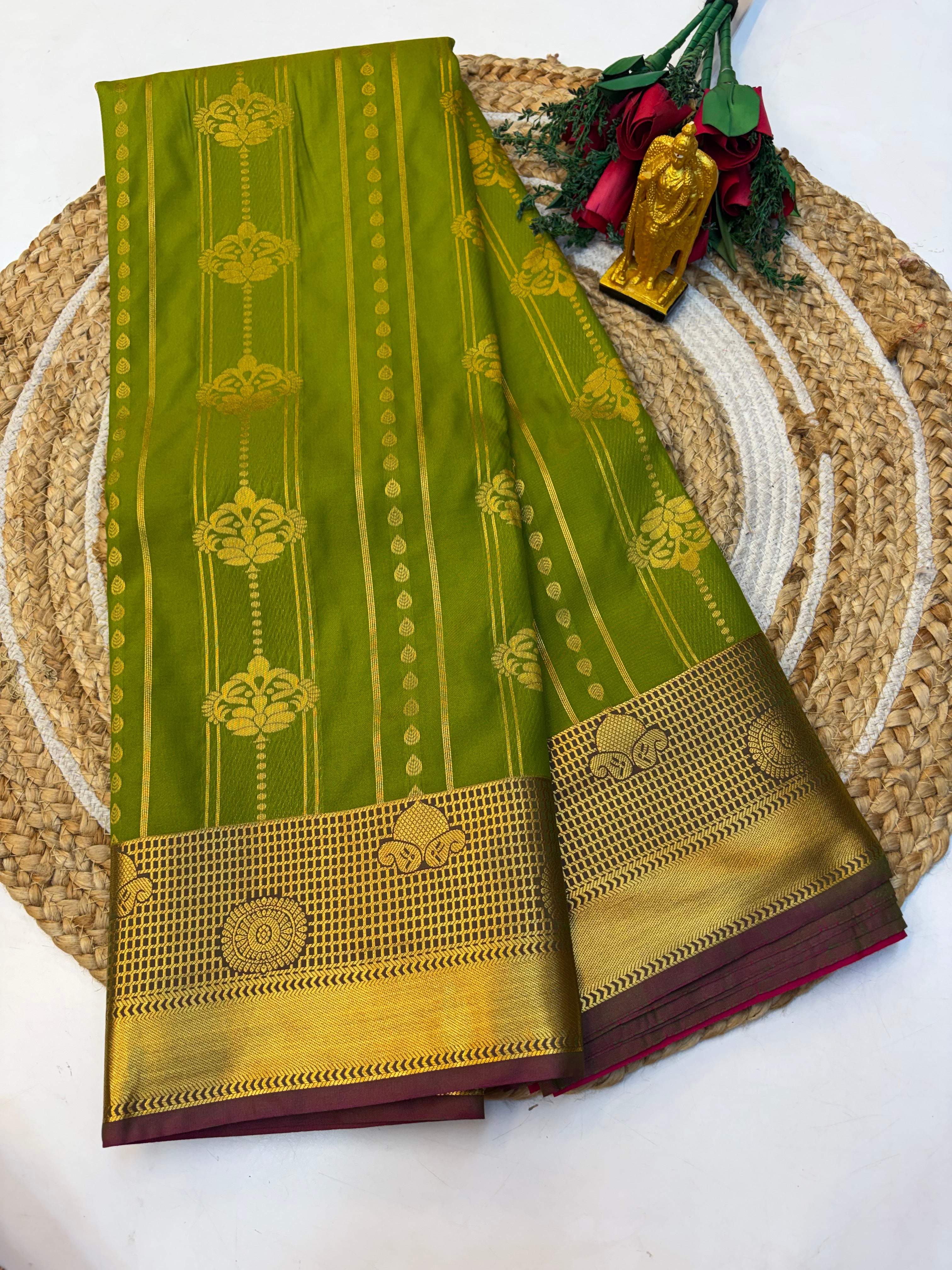 Silk Saree Pattu  Mehendi Green With Purple Border -(KCSSP002)