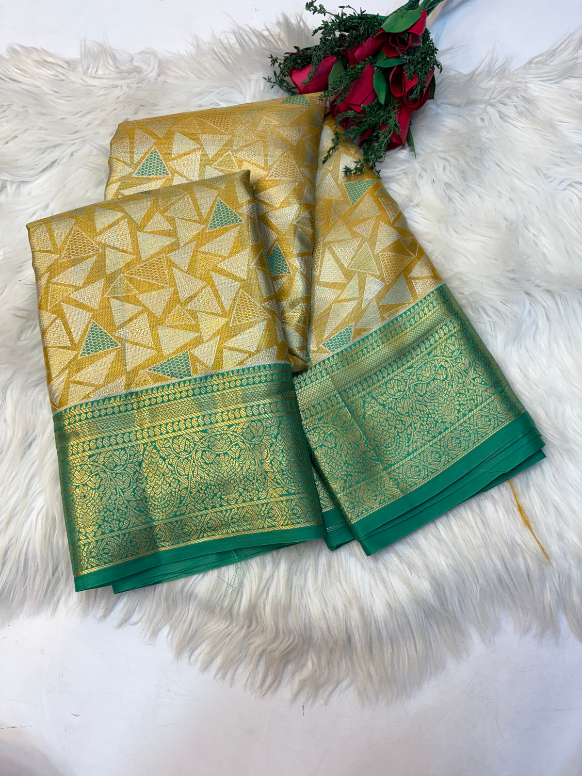 Geometric Silk Saree Lite Mustard With Green Border  -(KCSS006) (Copy)