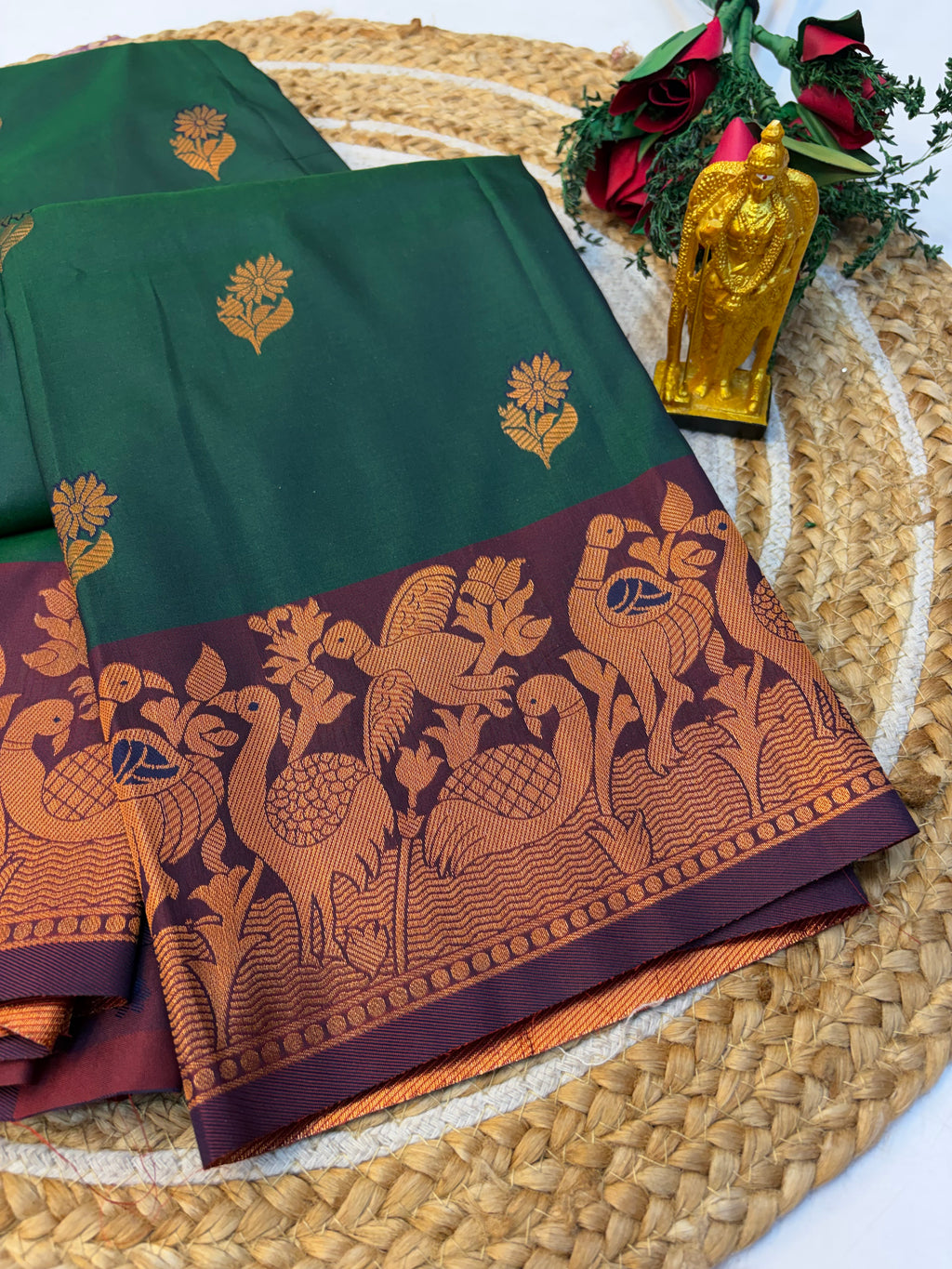 Soft Silk Saree Dark Green Colour With Brown Border - (KCSSS17)