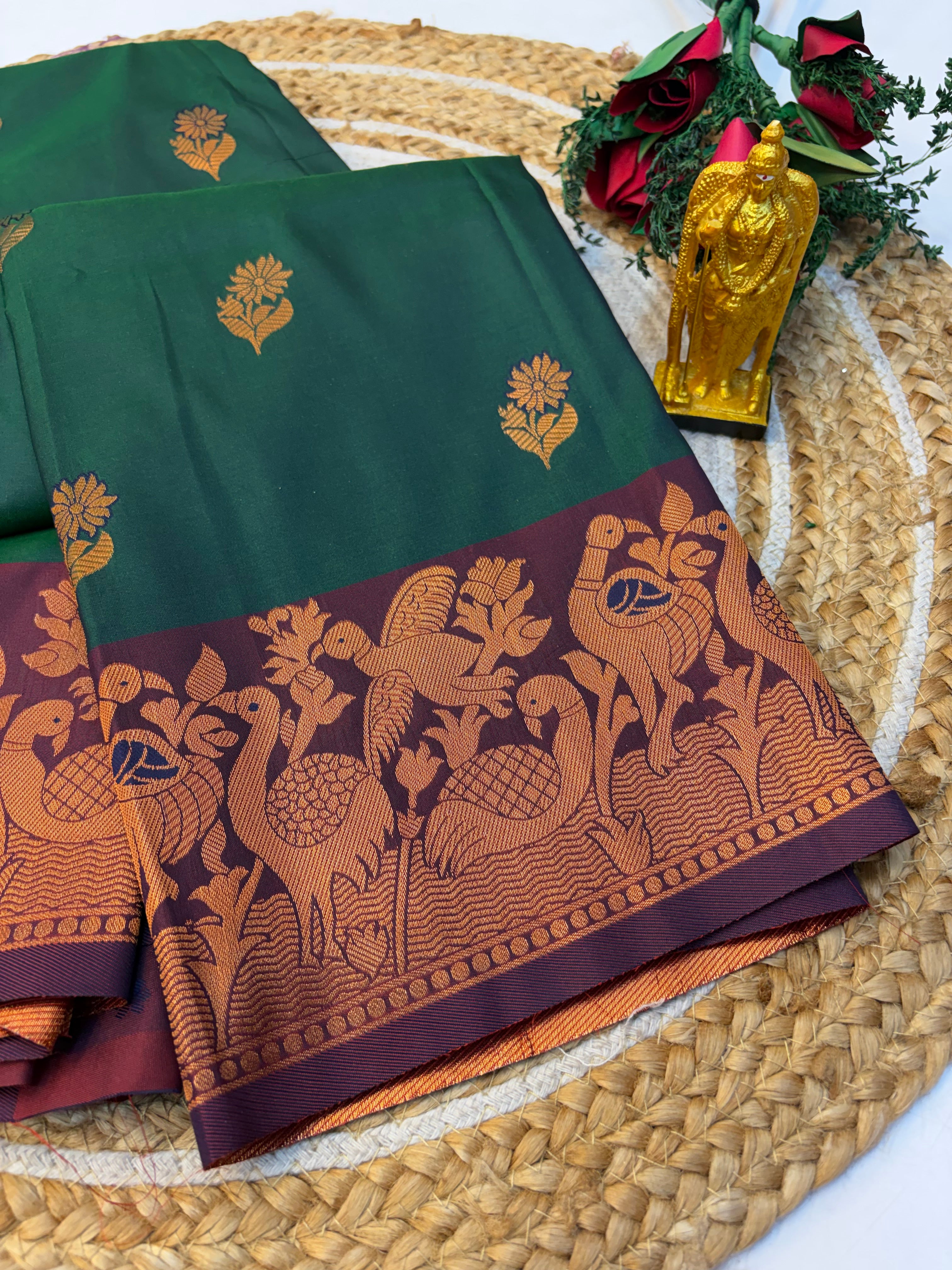 Soft Silk Saree Dark Green Colour With Brown Border - (KCSSS17)