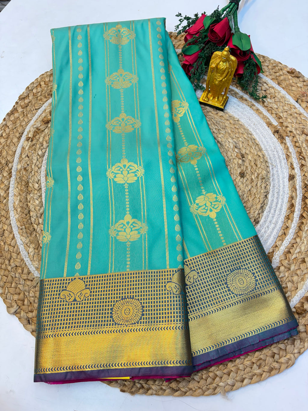 Silk Saree Pattu Sea Green With Purple Border - (KCSSP005)