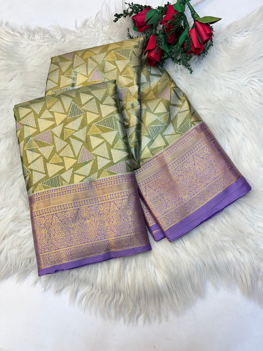 Geometric Silk Saree Pastel Green With Lavender Border -(KCSS005