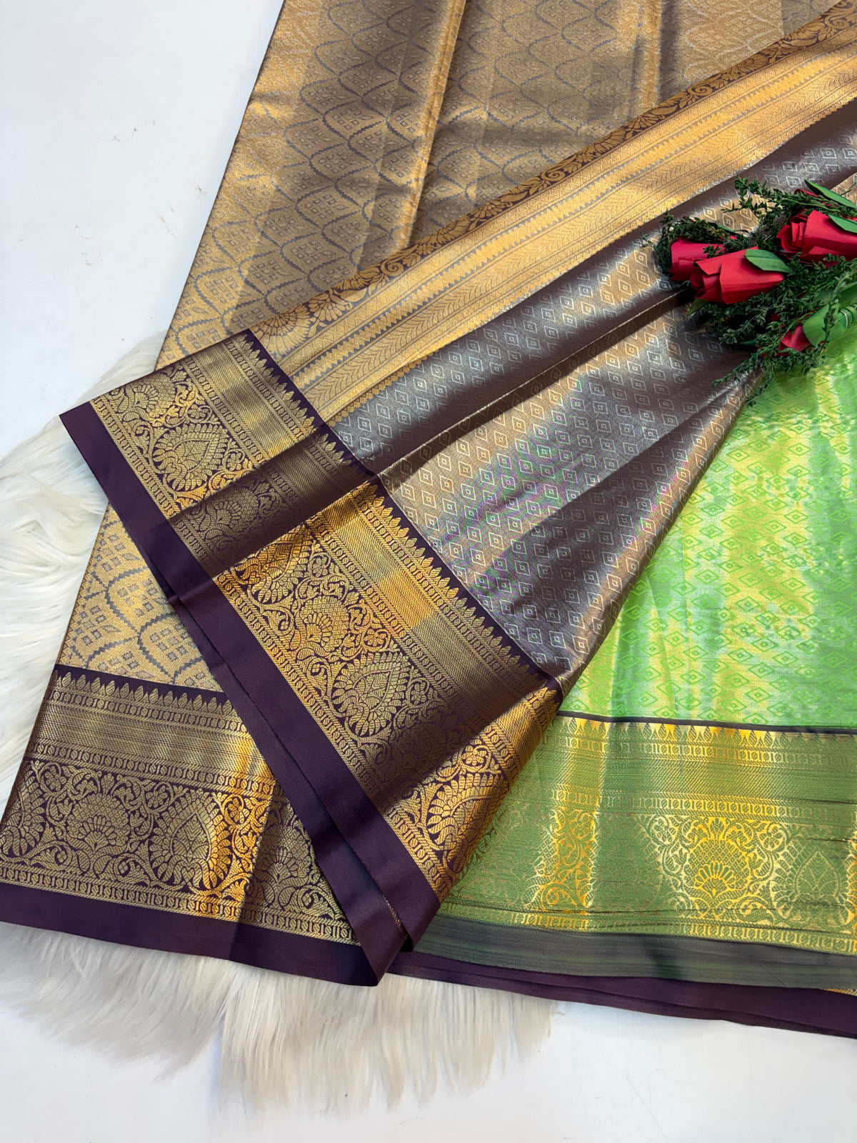 Checked Silk Saree Pastel Green with Dark Purple Contrast Border -KCSS004 (Copy 2)