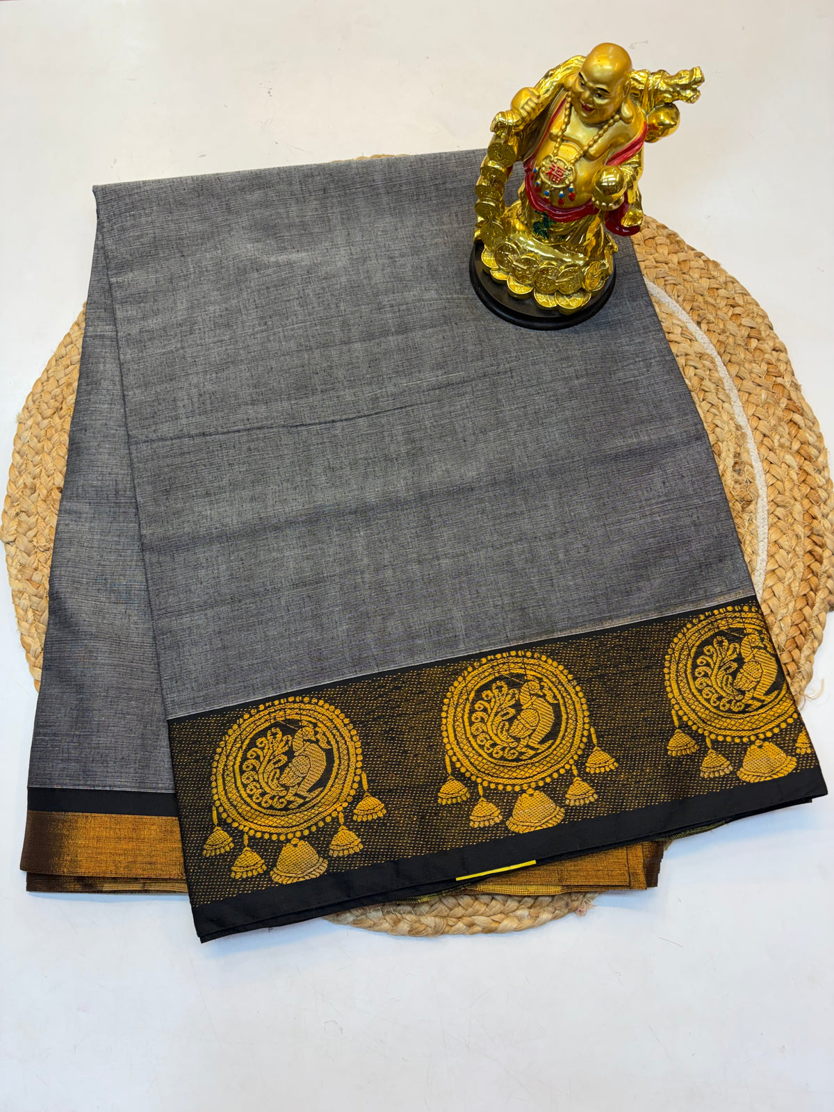 Kanchi cotton saree Grey Contrast Black Border  - KCKCS0021