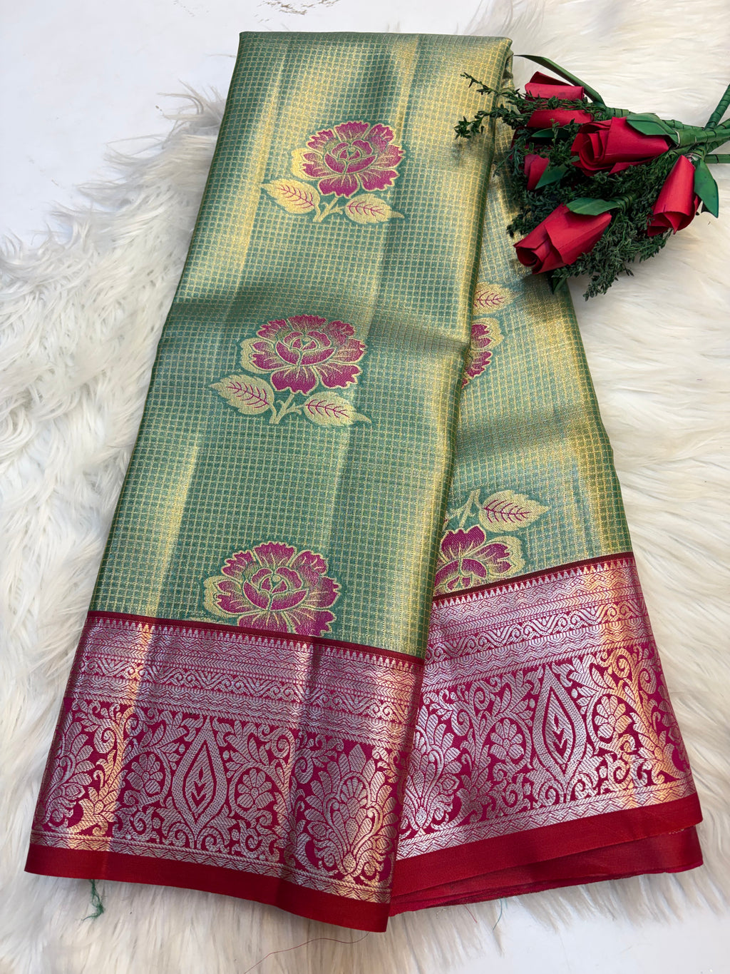 Checked Silk Saree Pastel Green with Red contrast Border -KCSS003 (Copy)