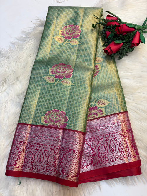 Checked Silk Saree Pastel Green with Red contrast Border -KCSS003 (Copy)