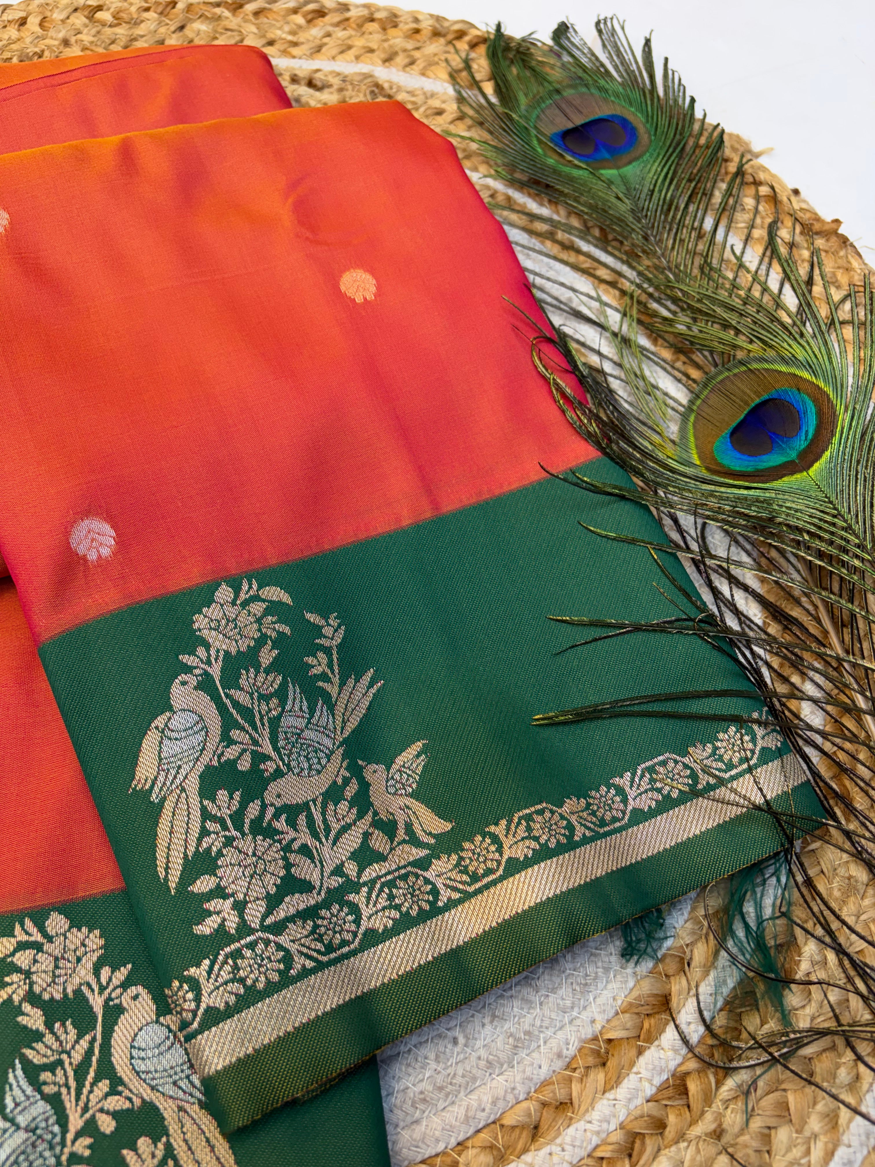 Soft Silk Saree Peachish Colour With Green Border -(KCSSS03)