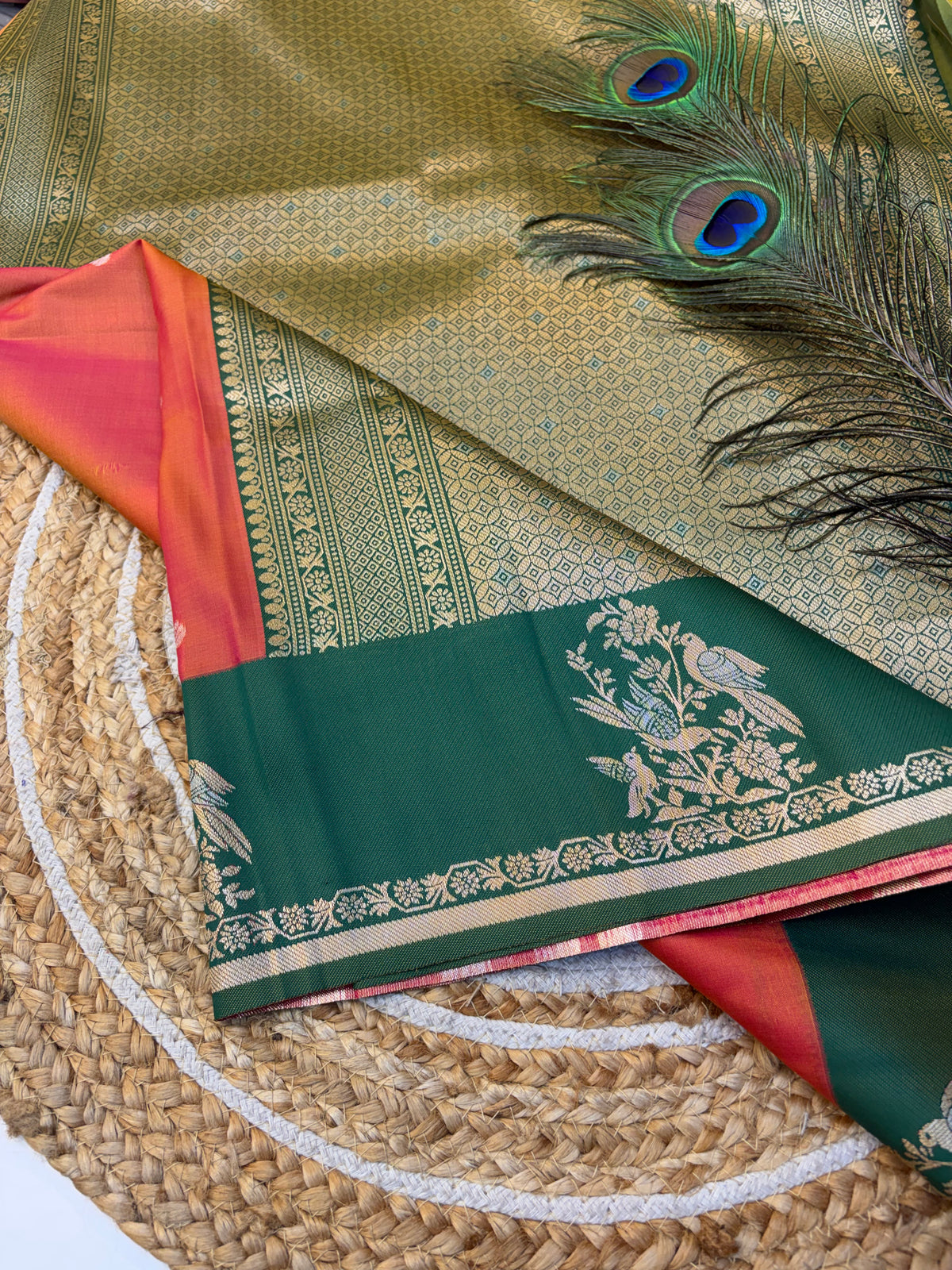 Soft Silk Saree Peachish Colour With Green Border -(KCSSS03)