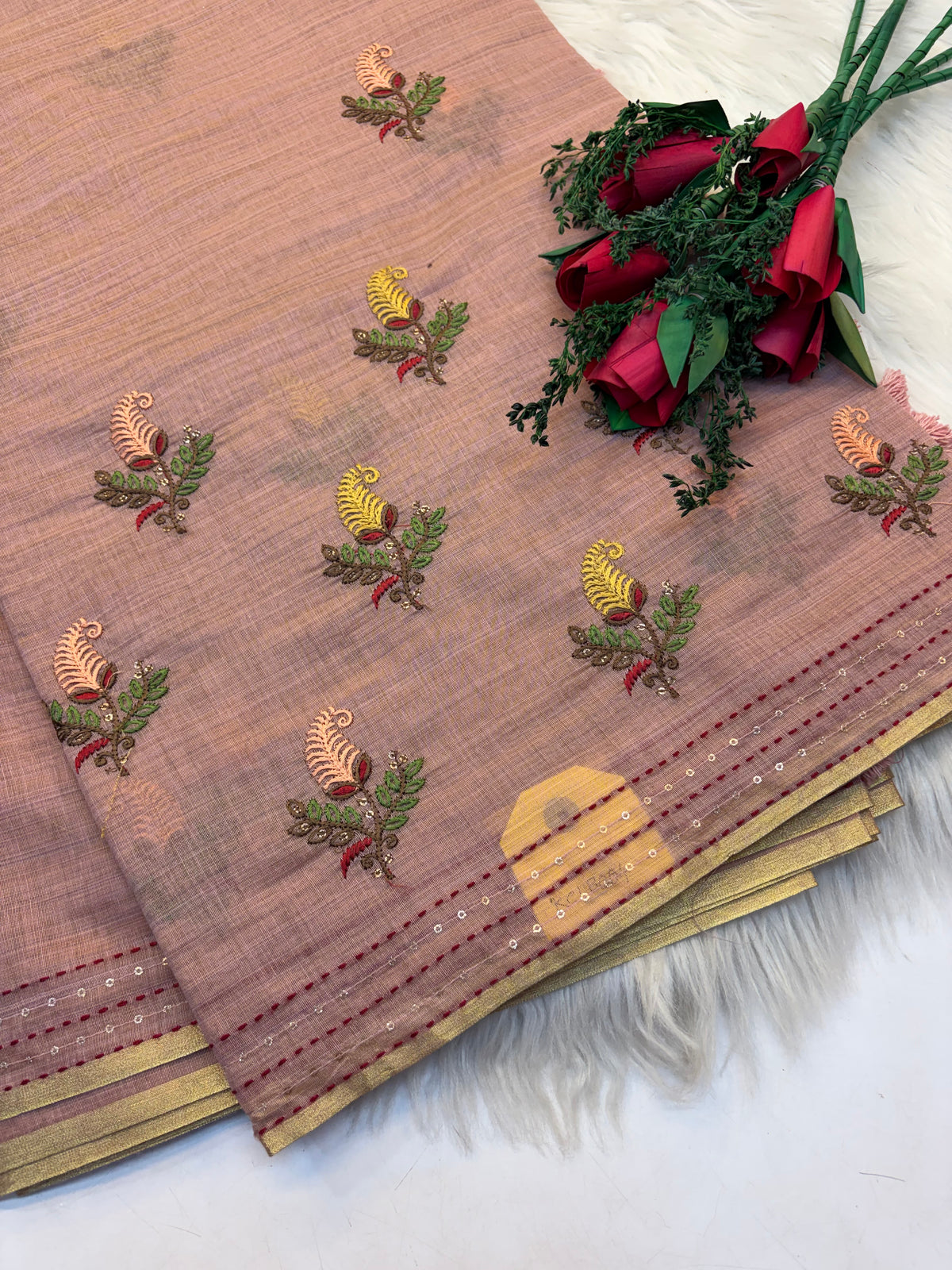Lenin Embroidery saree Light Onion colour- KCLB004