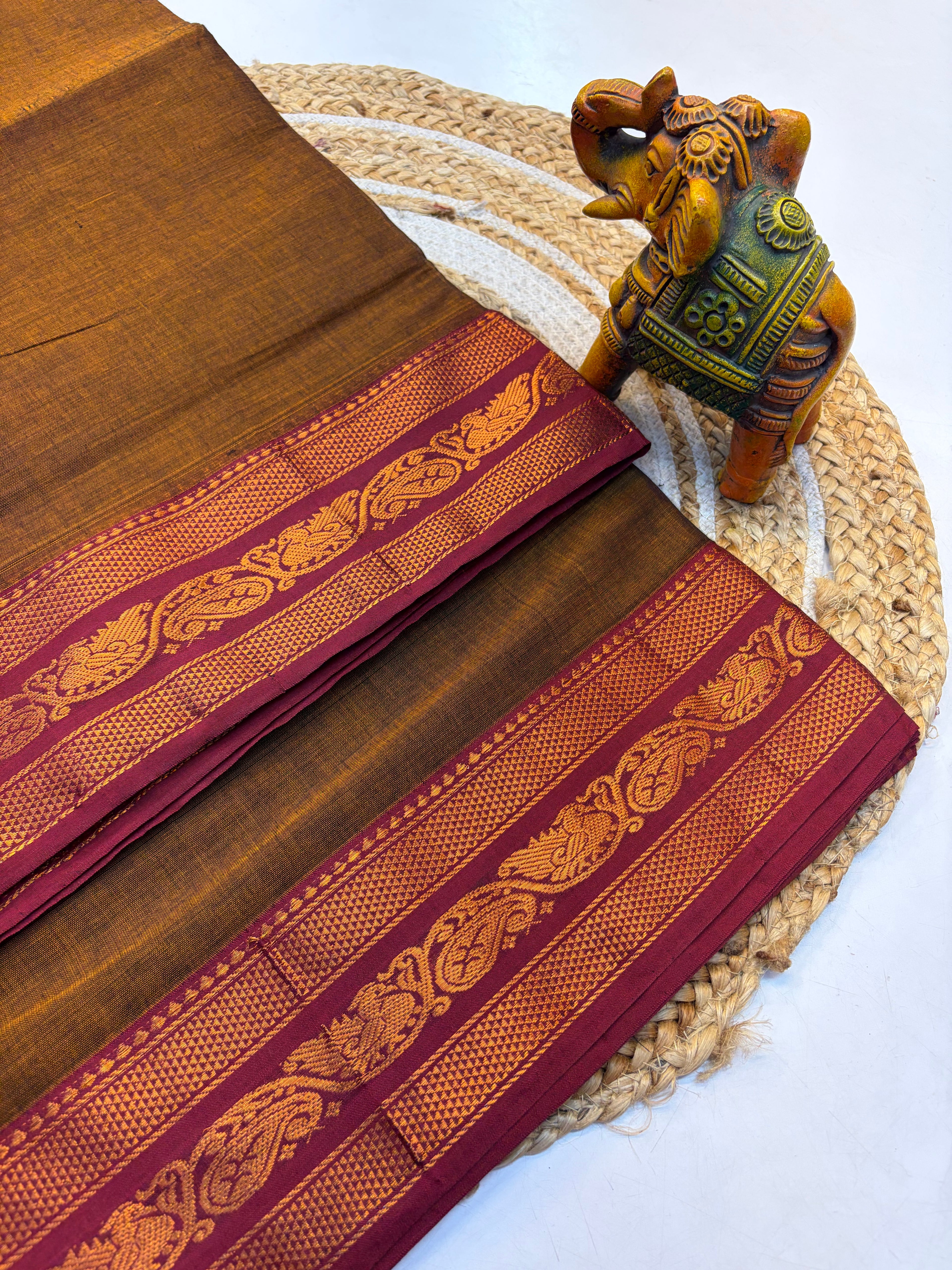 Kanchi cotton saree Mustard and Contrast Maroon Border - KCKCS002