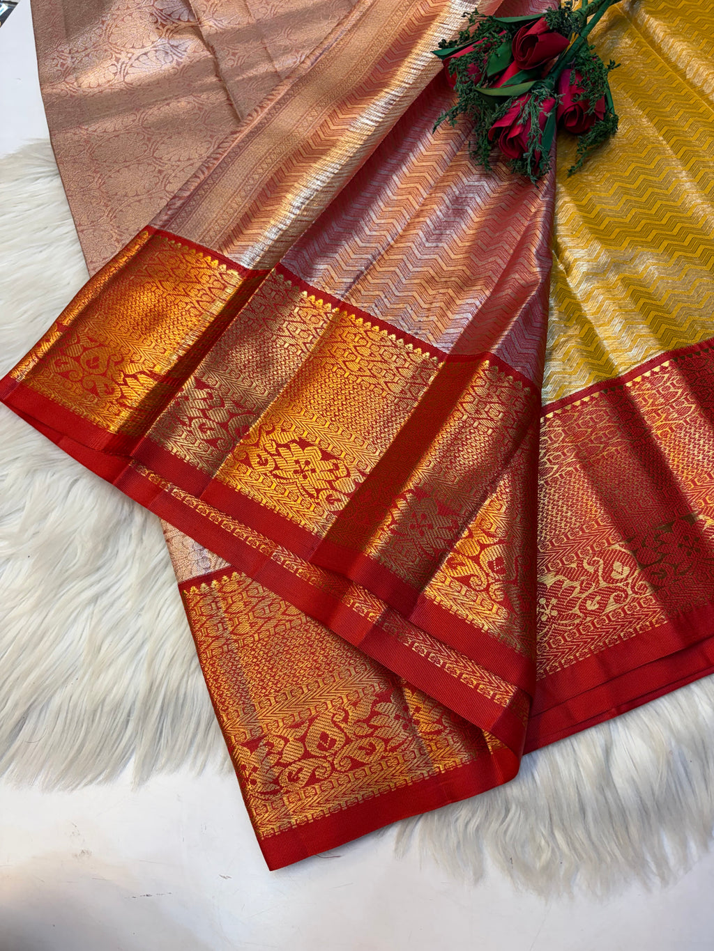 Parallel Lines Silk Saree Pastel Creamish Colour With Red Border- (KCSS0011)