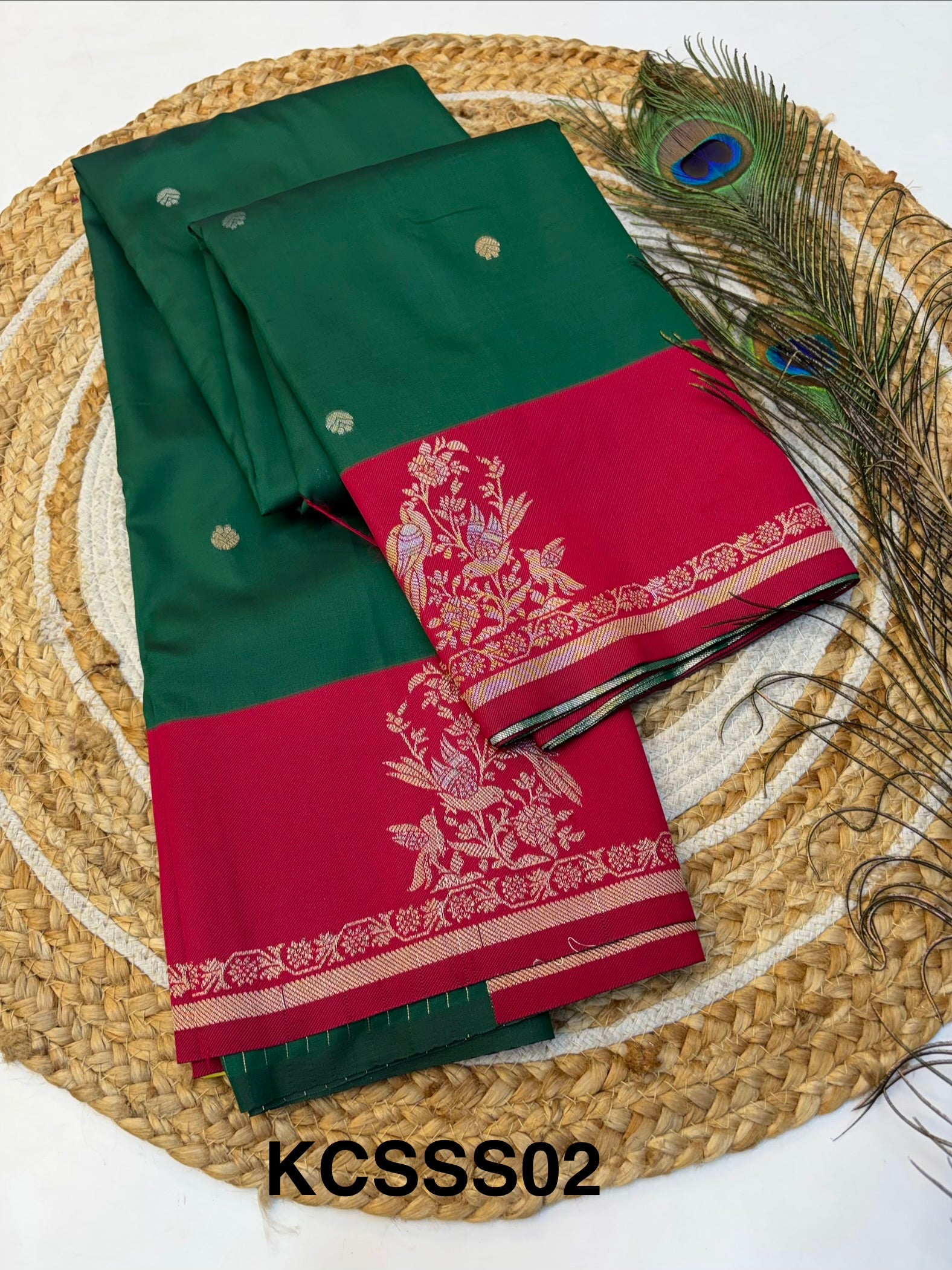 Soft Silk Saree Dark Green Colour With Reddish pink Border -(KCSSS02)