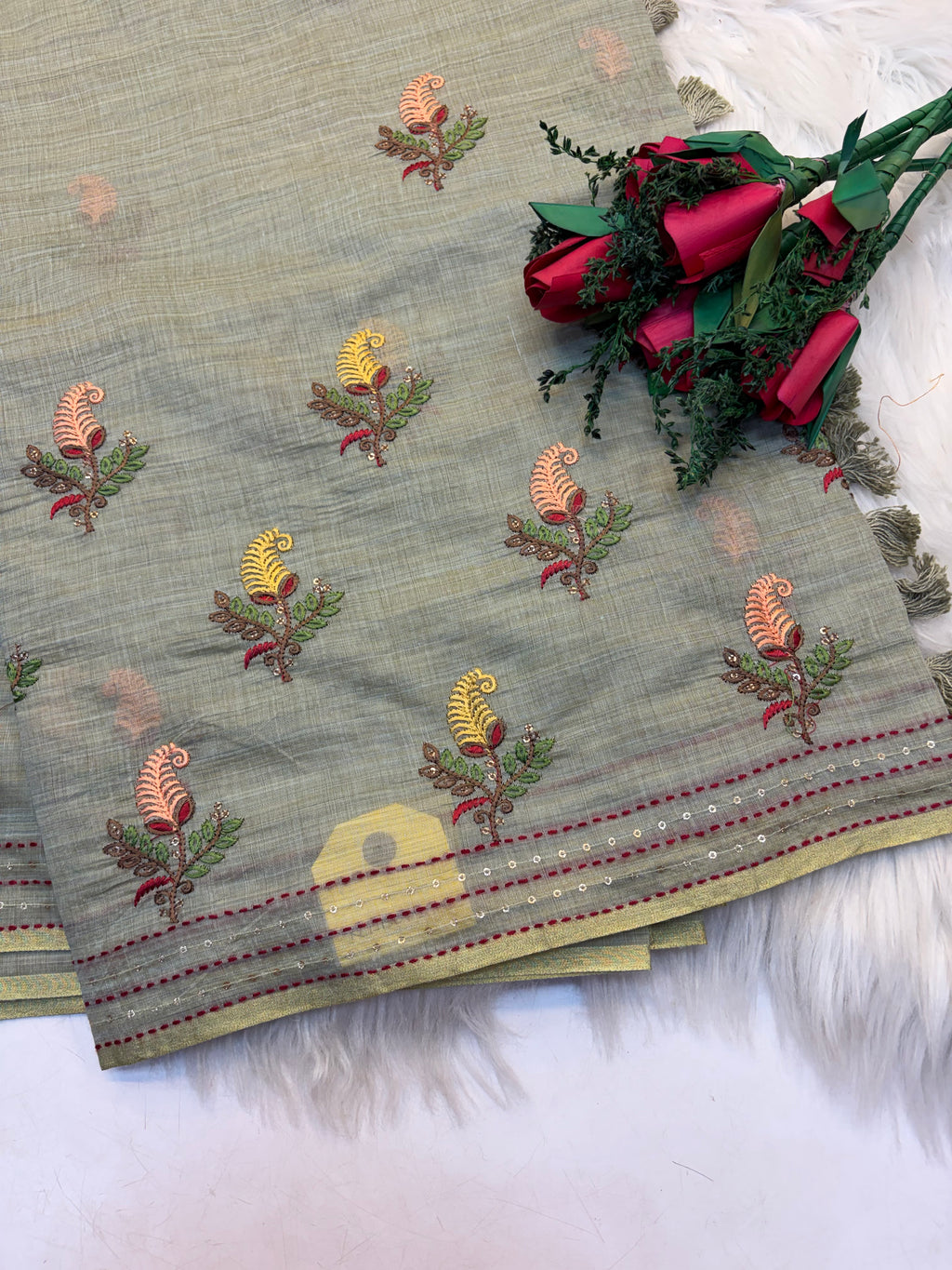 Lenin Embroidery saree Light Pastel Green  colour- KCLB005