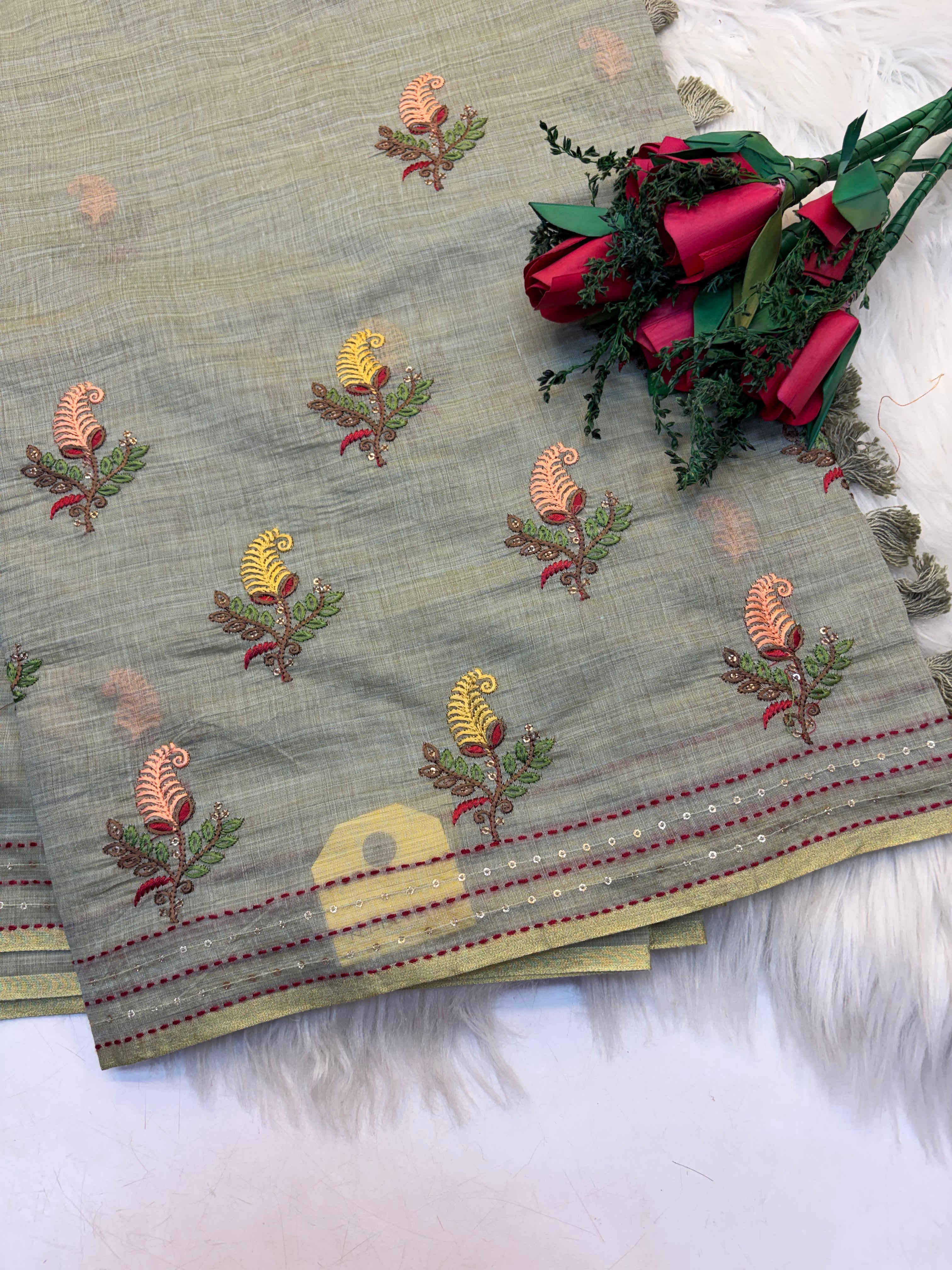 Lenin Embroidery saree Light Pastel Green  colour- KCLB005