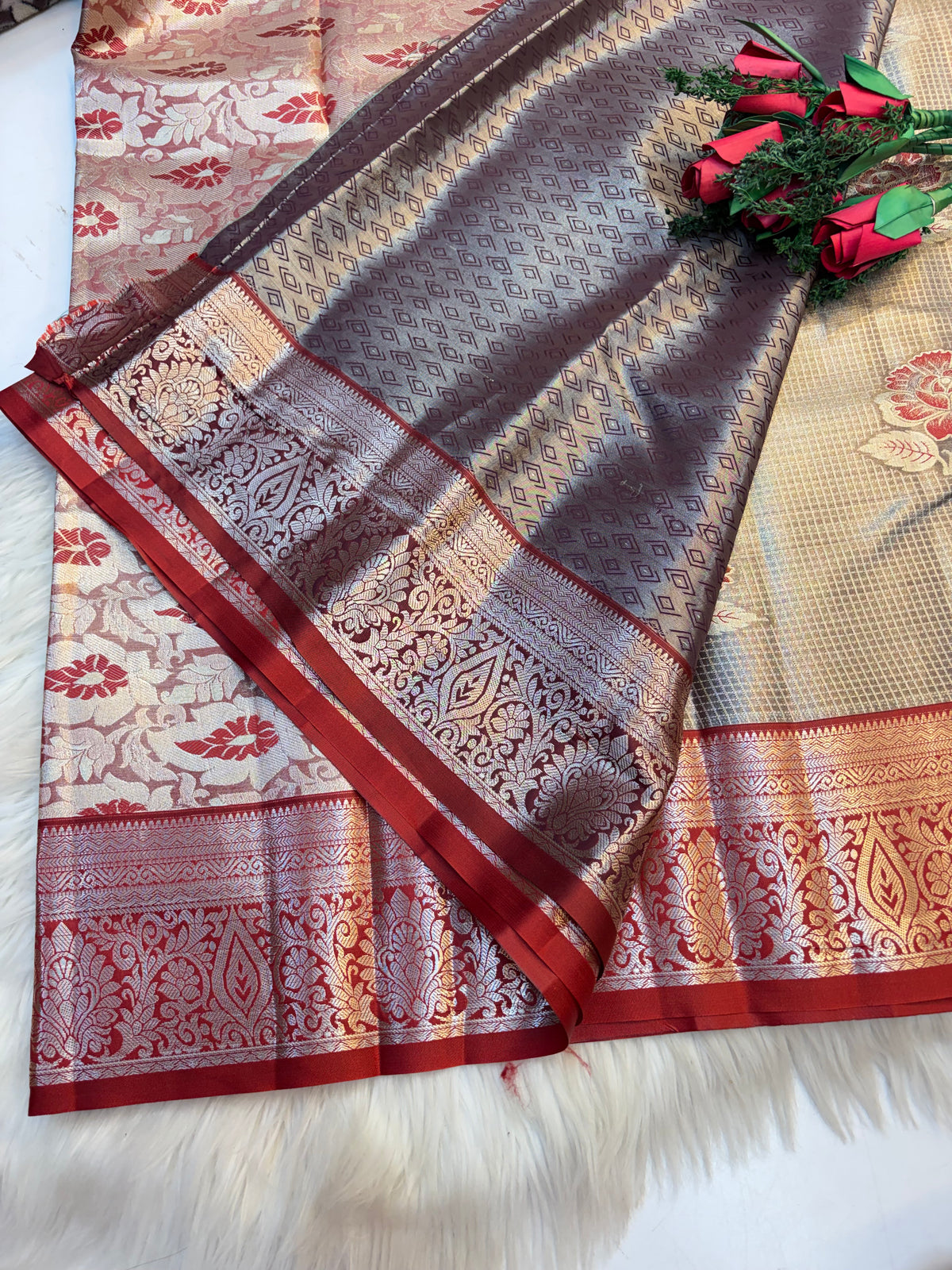 Checked Silk Saree Grey Silver Mix with Red contrast Border -KCSS002