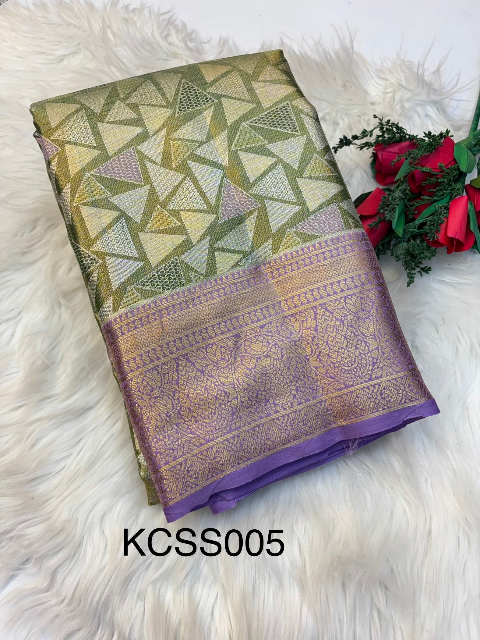 Geometric Silk Saree Pastel Green With Lavender Border -(KCSS005