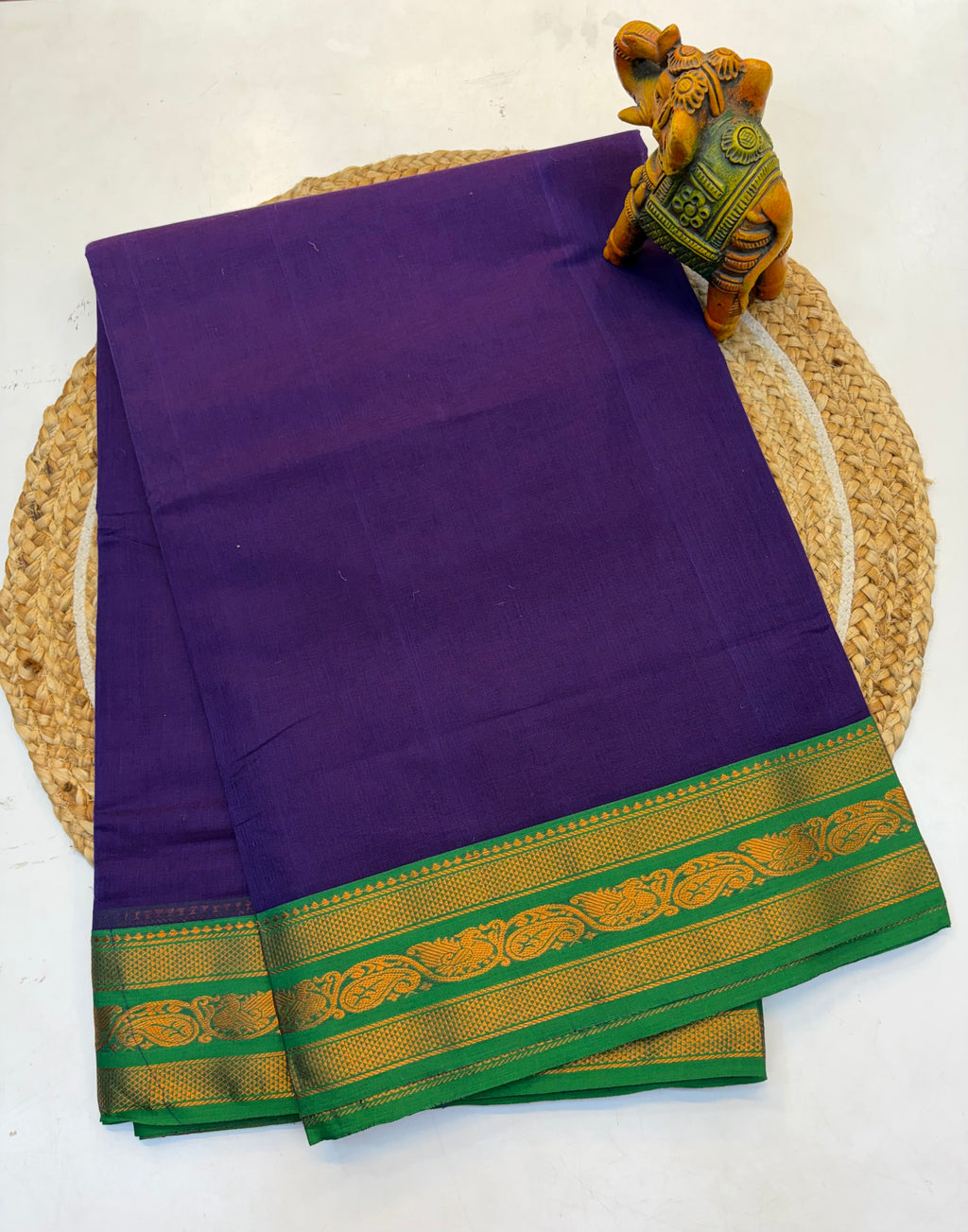 Kanchi cotton saree Dark Purple and Contrast Green Border - KCKCS004