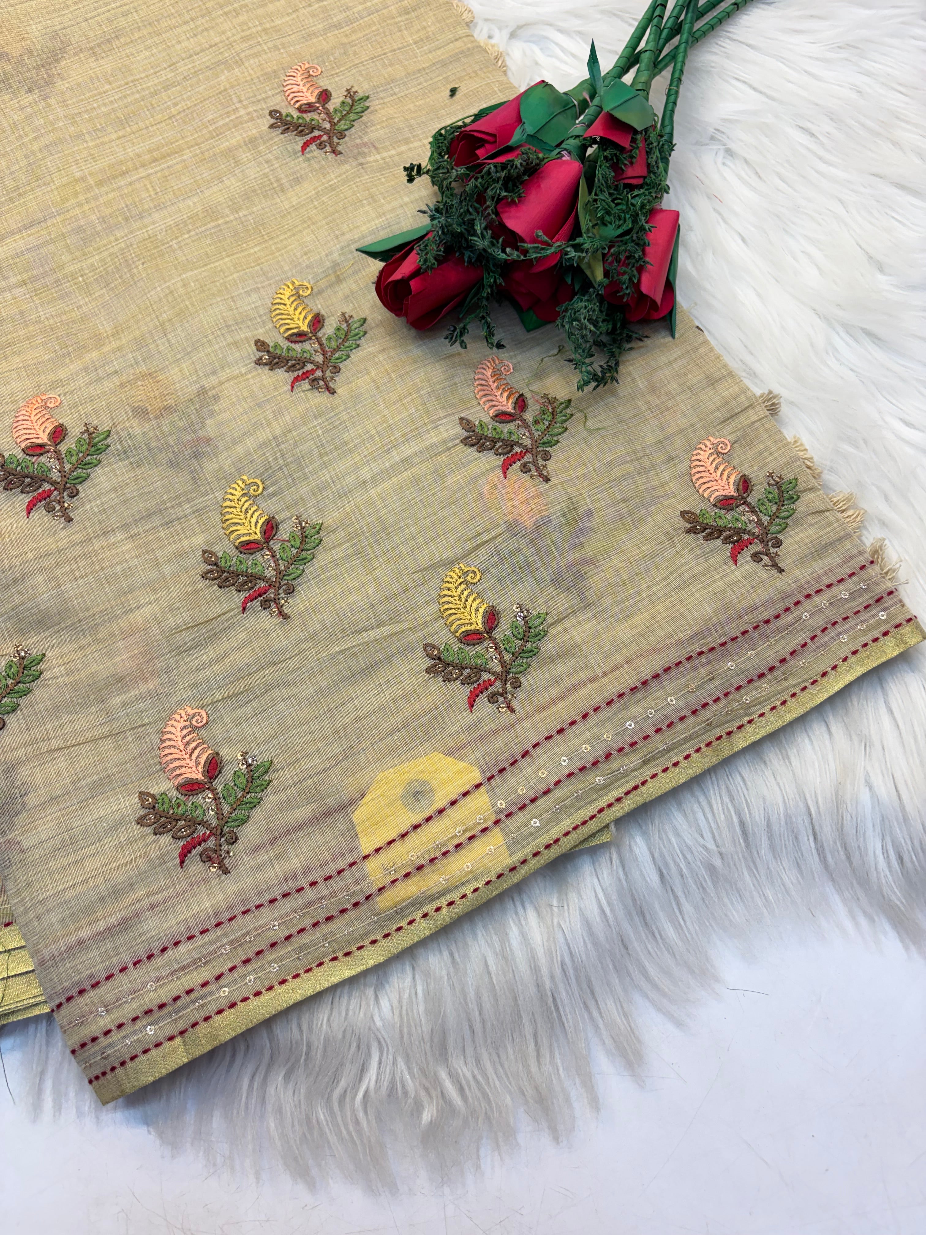 Lenin Embroidery saree Light Ellaich colour- KCLB003