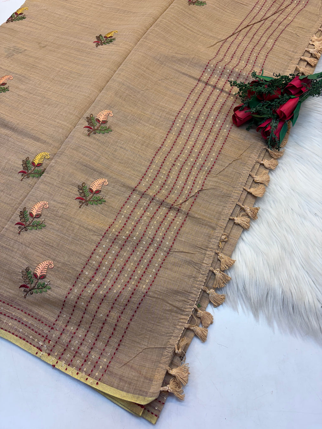 Lenin Embroidery saree Light Pastel Creamish colour- KCLB002