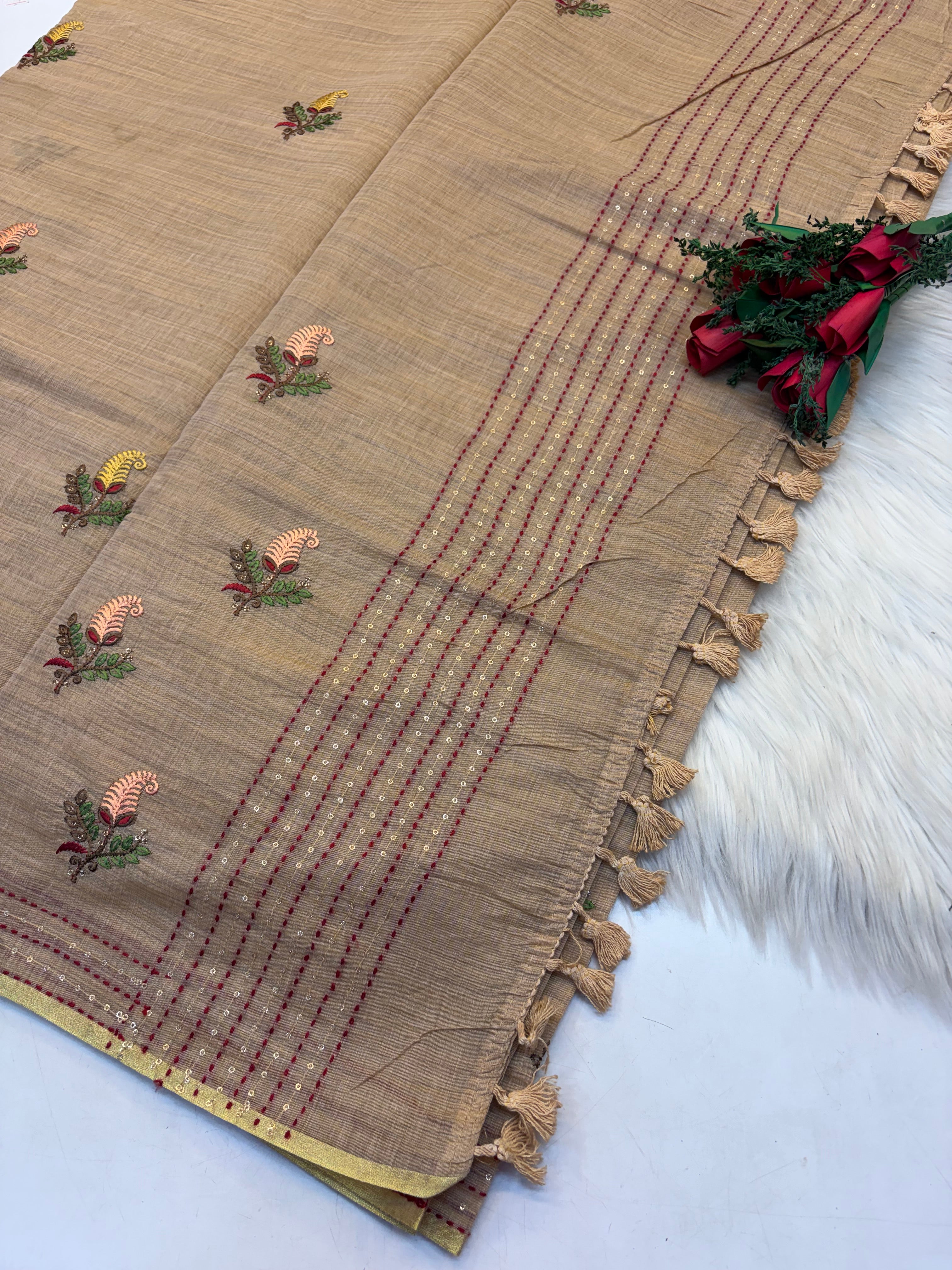 Lenin Embroidery saree Light Pastel Creamish colour- KCLB002