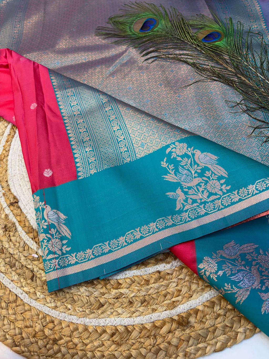 Soft Silk Saree Reddish Pink Colour With Blue Border -(KCSSS09)