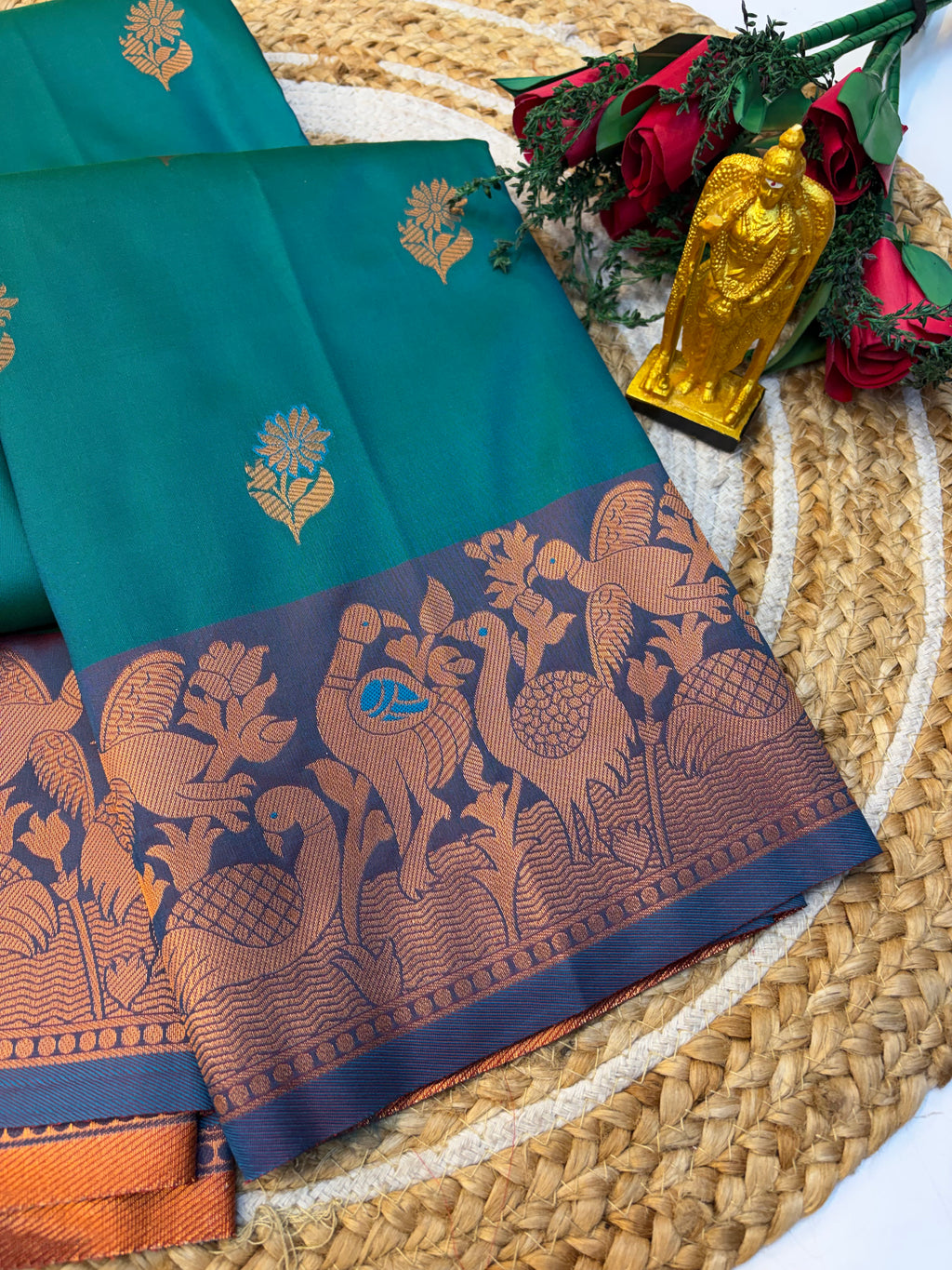 Soft Silk Saree Pastel Peacock Greenish Colour With Blue Border -(KCSSS18)
