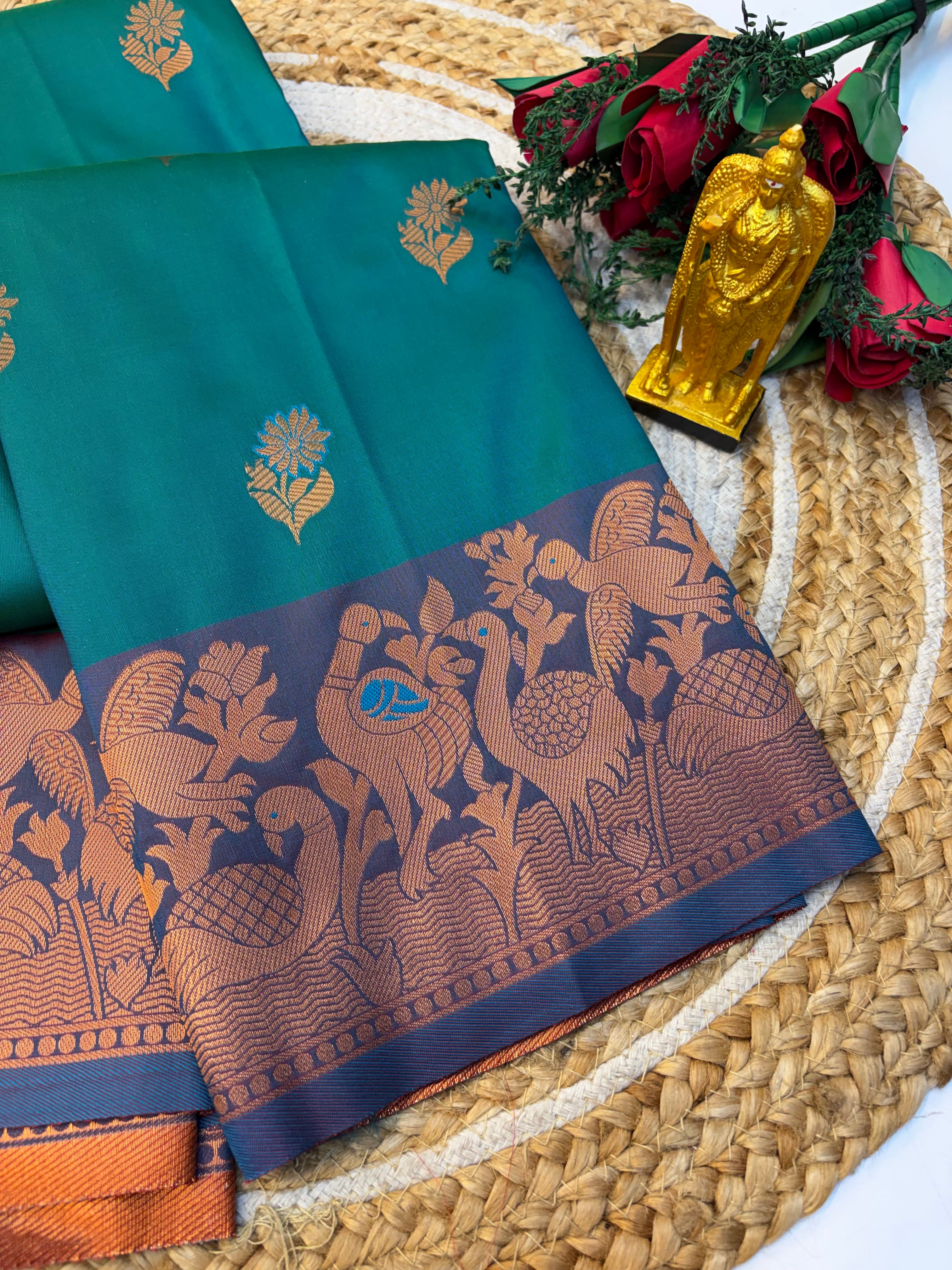 Soft Silk Saree Pastel Peacock Greenish Colour With Blue Border -(KCSSS18)