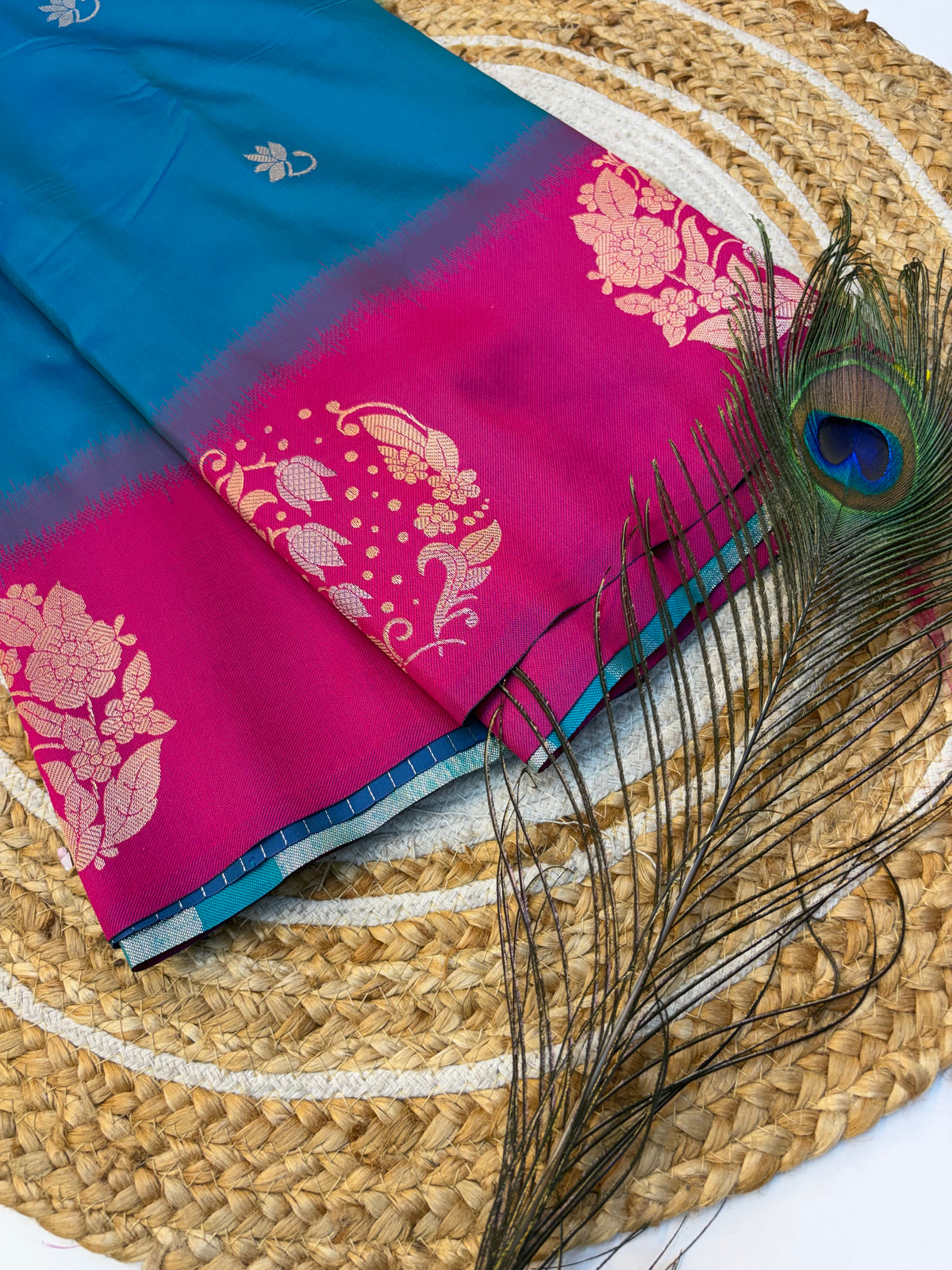 Soft Silk Saree Peacock Blue    Colour With Rani Pink Border -(KCSSS013)