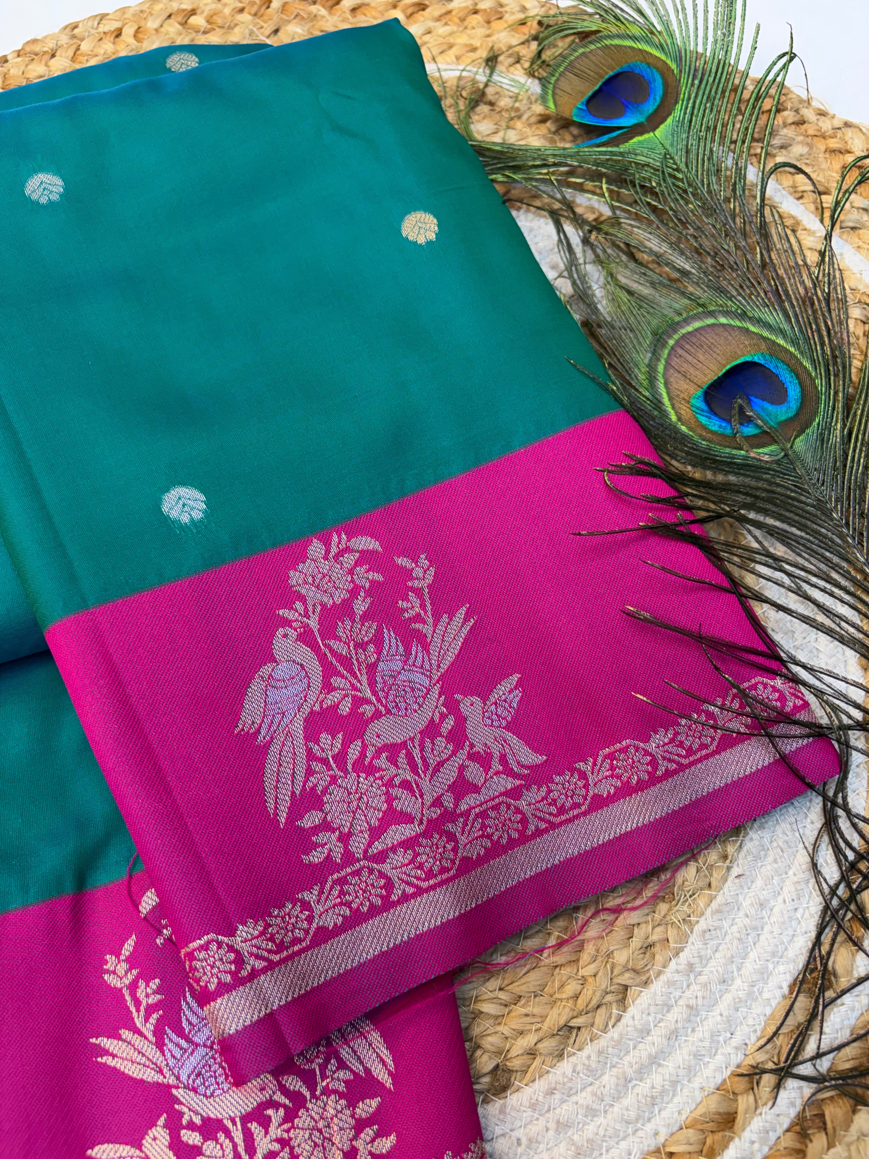 Soft Silk Saree Peacock Green Colour With Rani Pink Border -(KCSSS05)