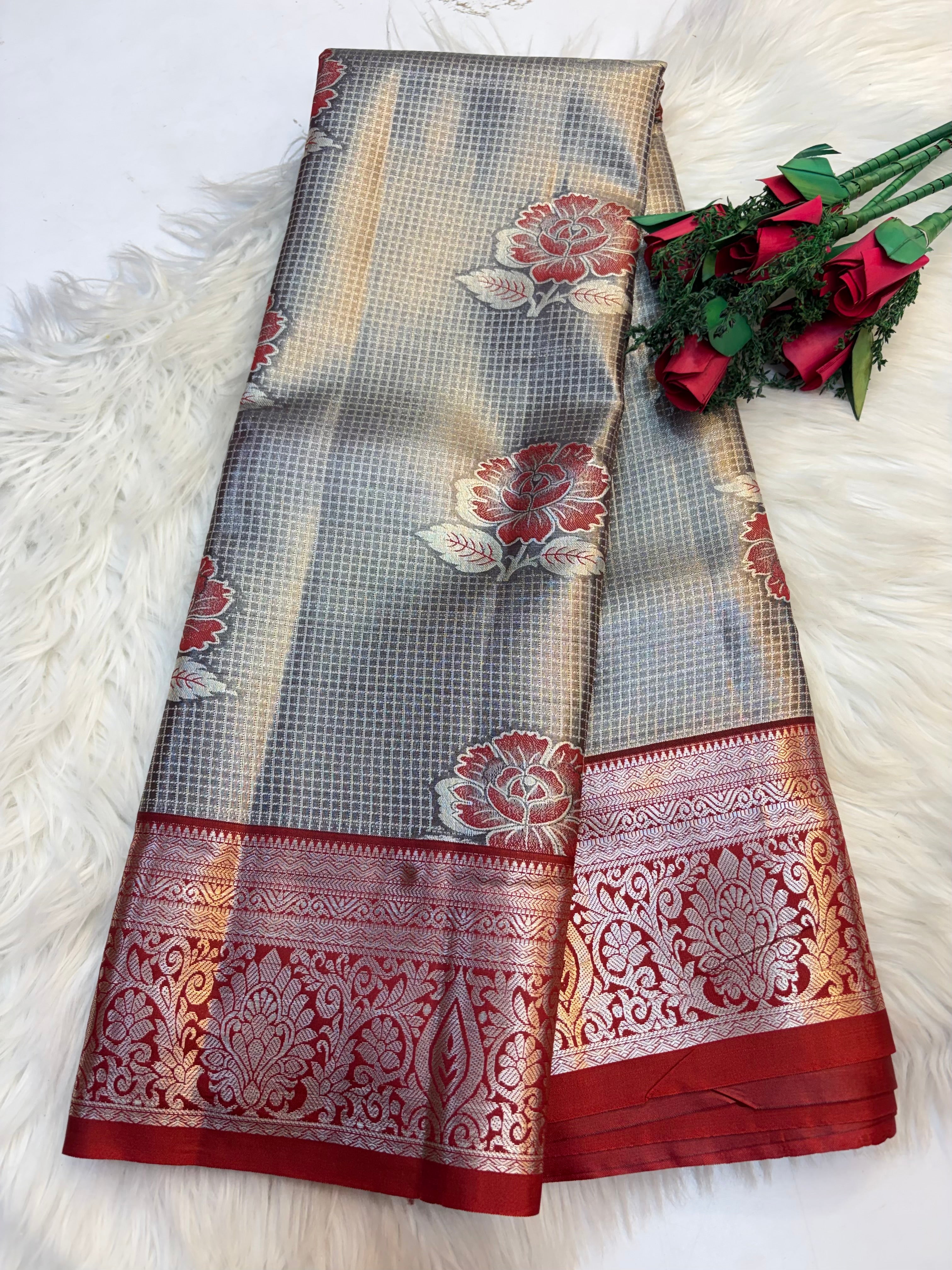 Checked Silk Saree Grey Silver Mix with Red contrast Border -KCSS002