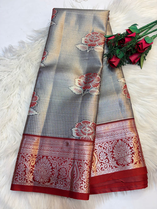 Checked Silk Saree Grey Silver Mix with Red contrast Border -KCSS002