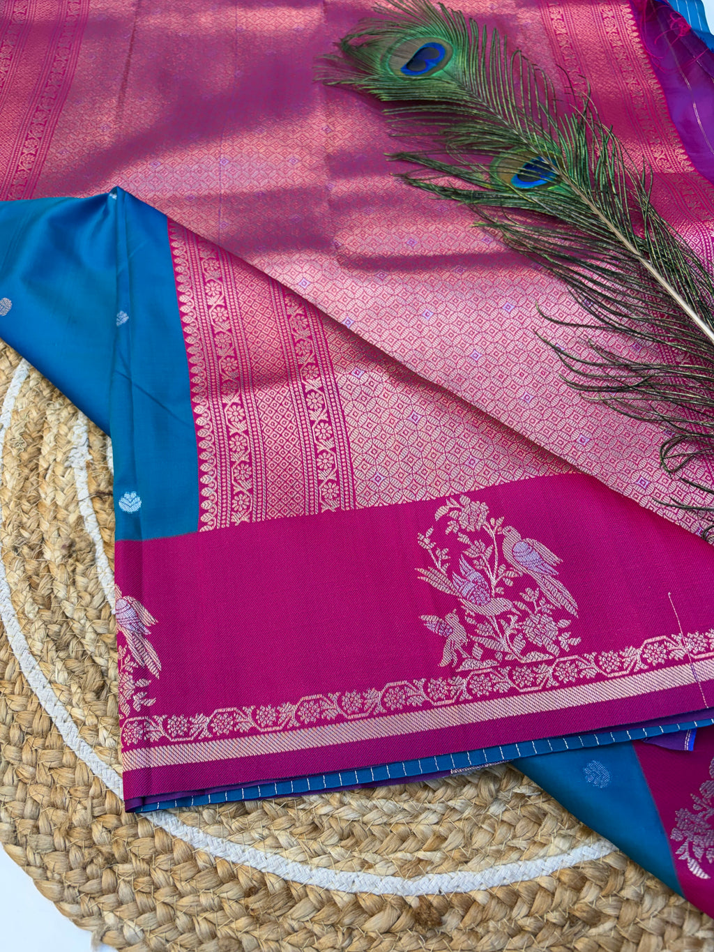 Soft Silk Saree Peacock Blue Colour With Rani pink Border -(KCSSS014)