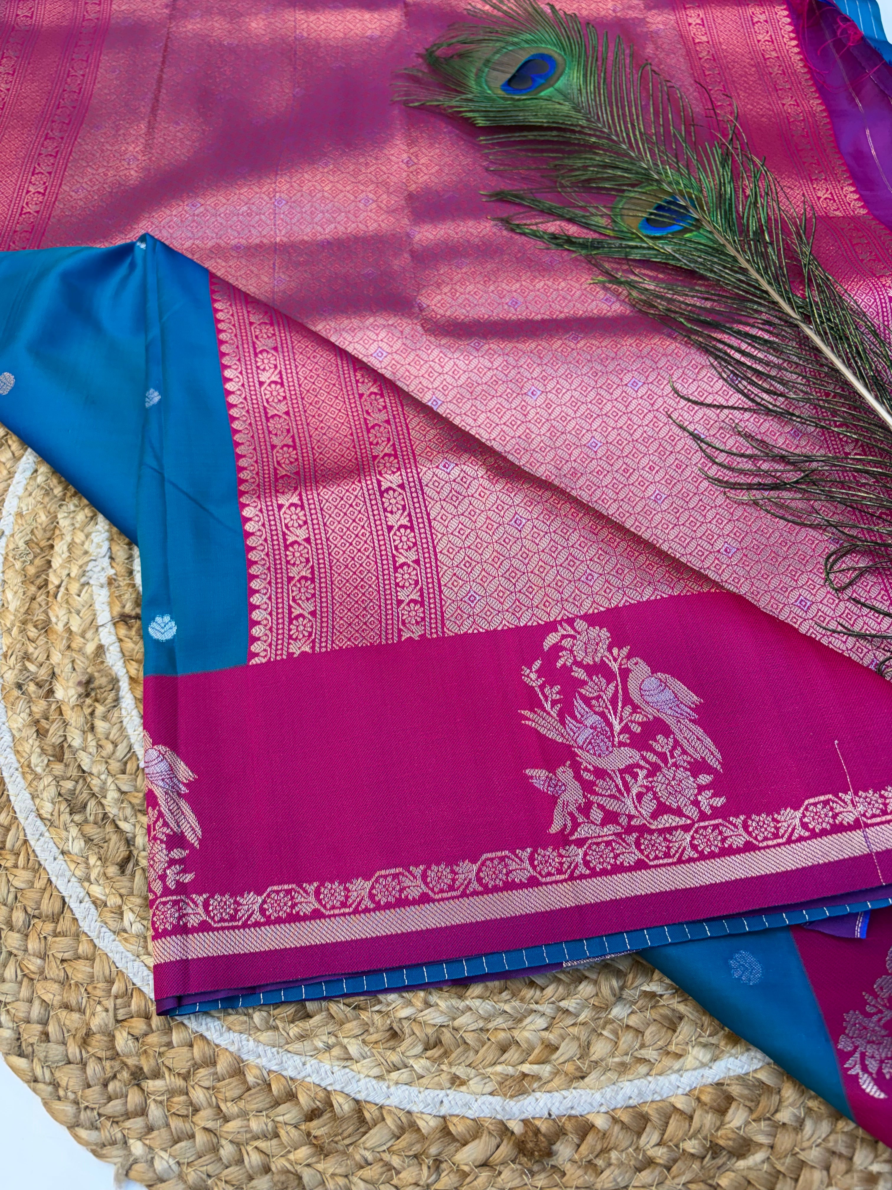Soft Silk Saree Peacock Blue Colour With Rani pink Border -(KCSSS014)