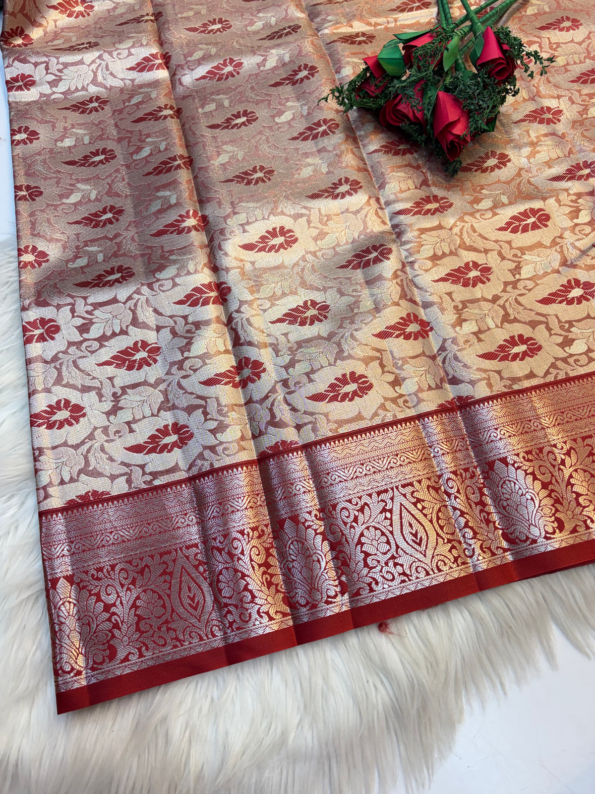 Checked Silk Saree Grey Silver Mix with Red contrast Border -KCSS002