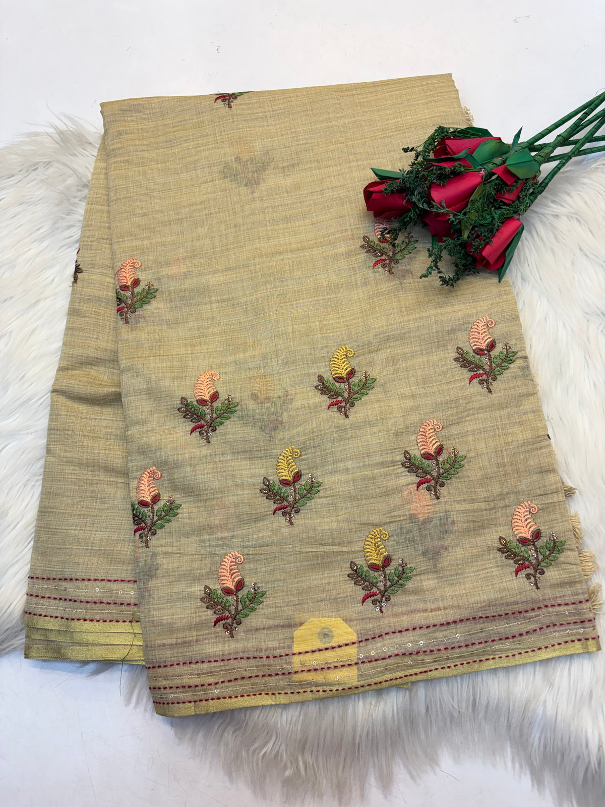 Lenin Embroidery saree Light Ellaich colour- KCLB003